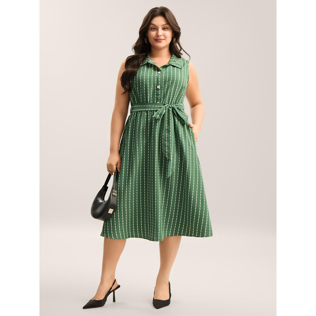 Plus Size Breezy Stripes Belted Pockets Midi Dress Emerald Women Shirt collar Sleeveless Curvy BloomChic 28/5X Product Image