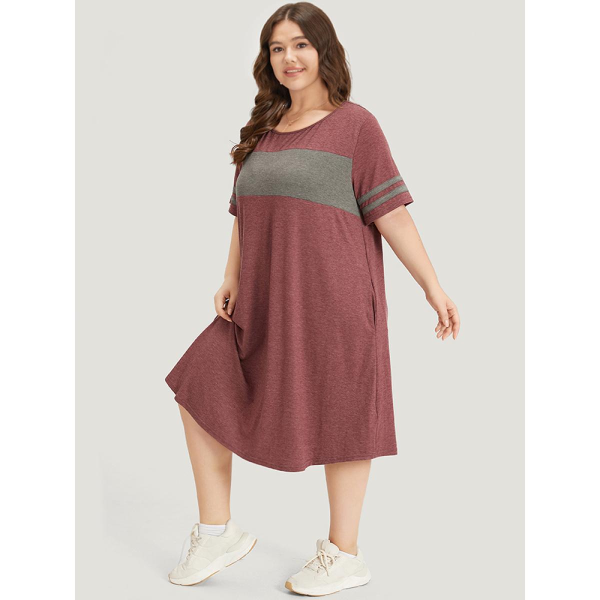 Plus Size Striped Patchwork Pocket Crew Neck Dress Scarlet Women Casual Patchwork Round Neck Short sleeve Curvy Midi Dress BloomChic 30/6X Product Image