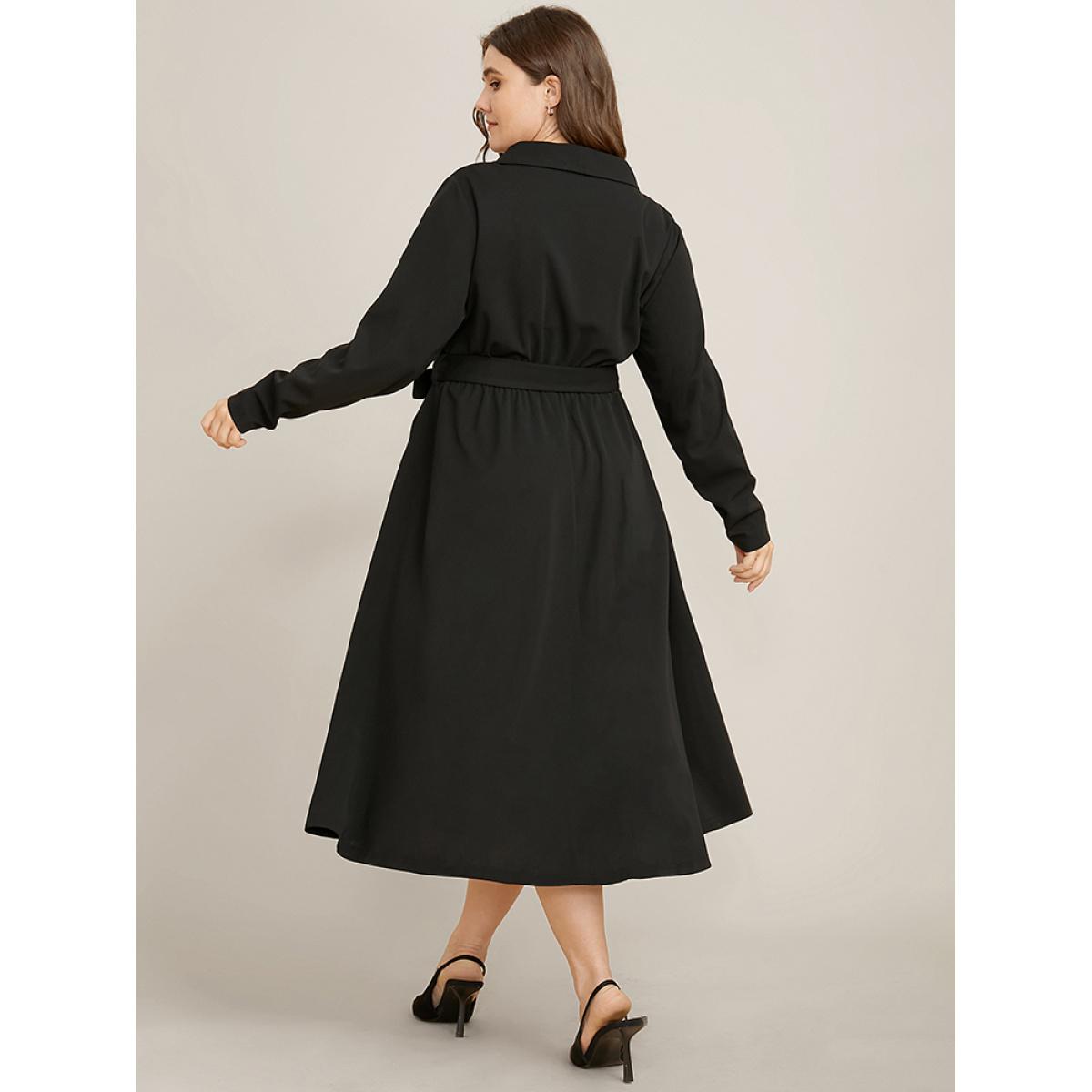 Plus Size Solid Pocket Belted Surplice Neck Flutter Dress Black Women Office Belted V-neck Long Sleeve Curvy Midi Dress BloomChic 26/4X Product Image