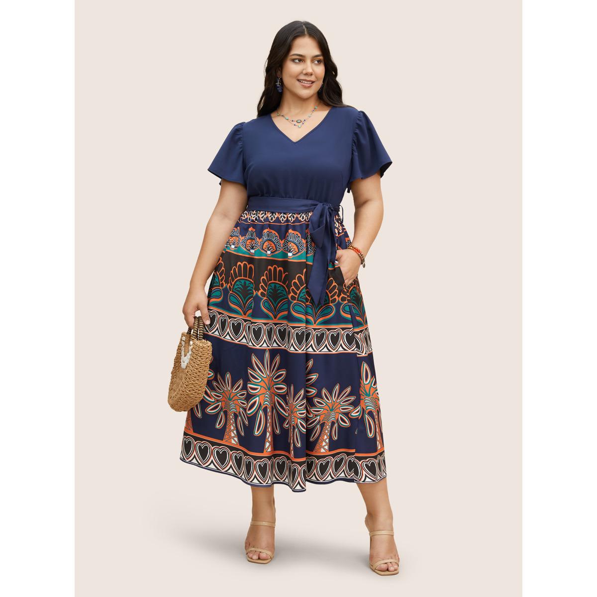 Plus Size Boho Print Patchwork Ruffle Sleeve Dress DarkBlue Women Resort Belted V-neck Short sleeve Curvy BloomChic 12/L Product Image