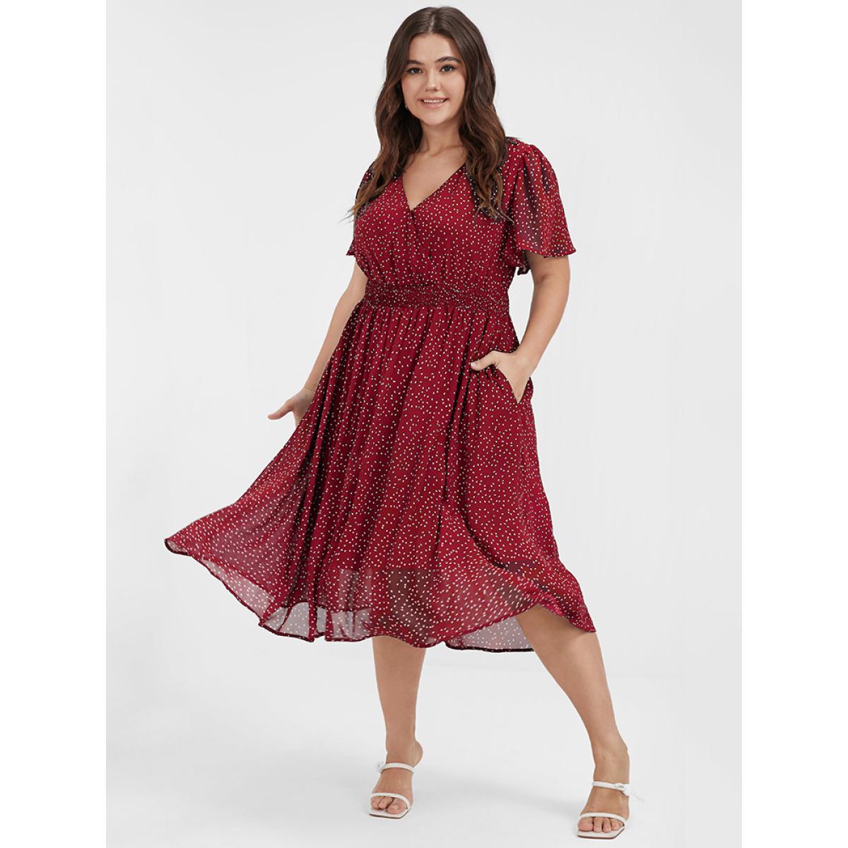 Polka Dot Button Pocket Shirred Ruffles Wrap Dress Product Image