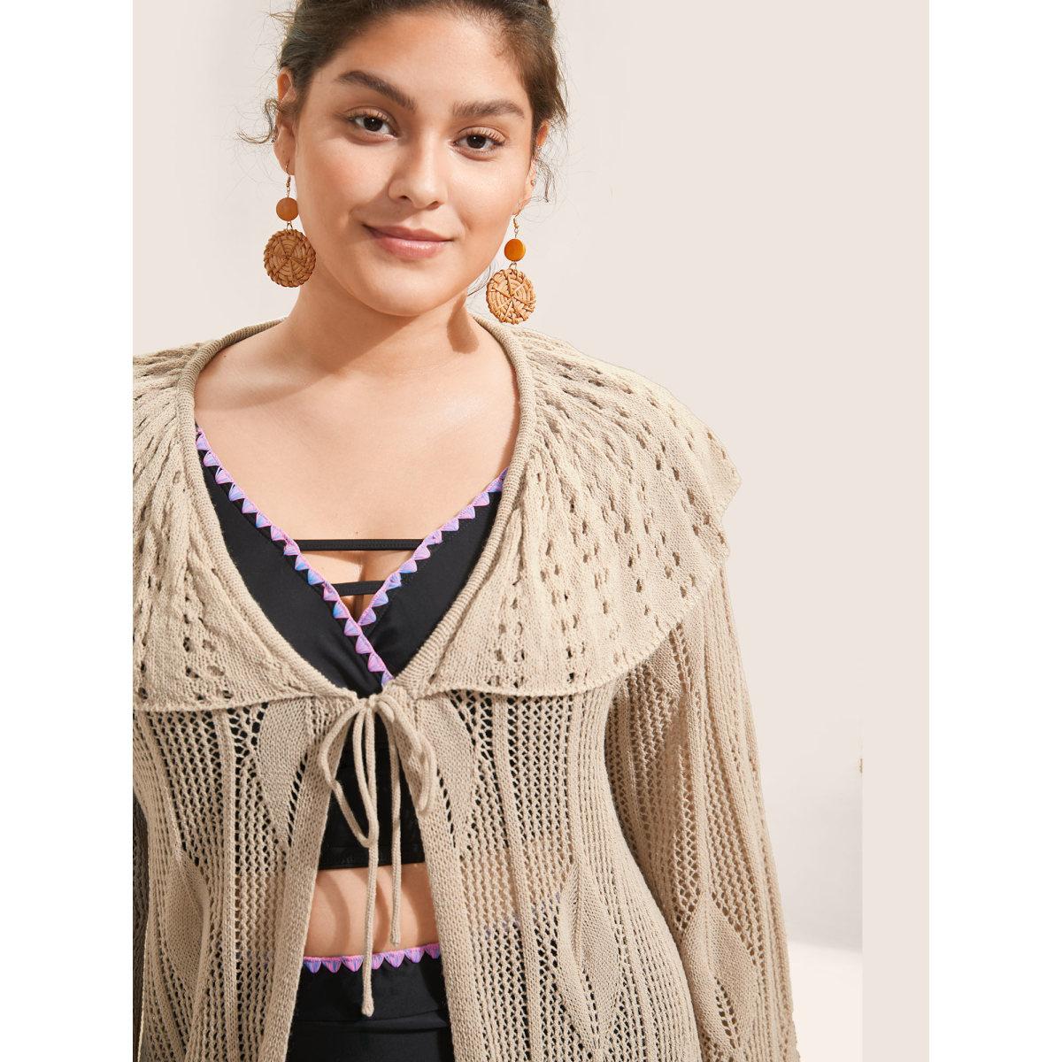 Plus Size Plain Texture Patchwork Cut Out Ties Swim Cover Up Women's Swimwear Apricot Beach Tie knot Curve Swim Cover Ups BloomChic 18-20/2X Product Image