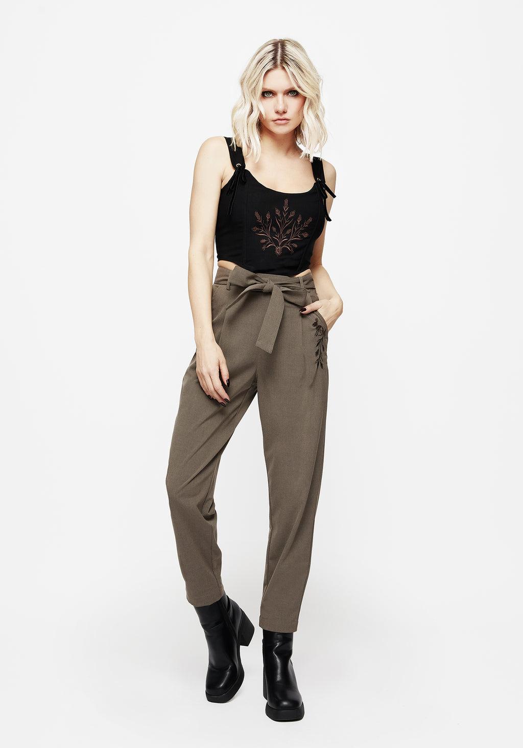 Hester Embroidered Tapered Trousers - Brown Product Image
