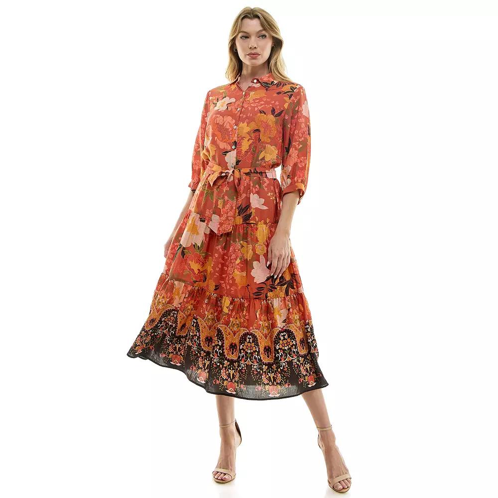 Women's Figueroa & Flower Button Front Belted Maxi Dress, Size: Large, Rust Black Product Image