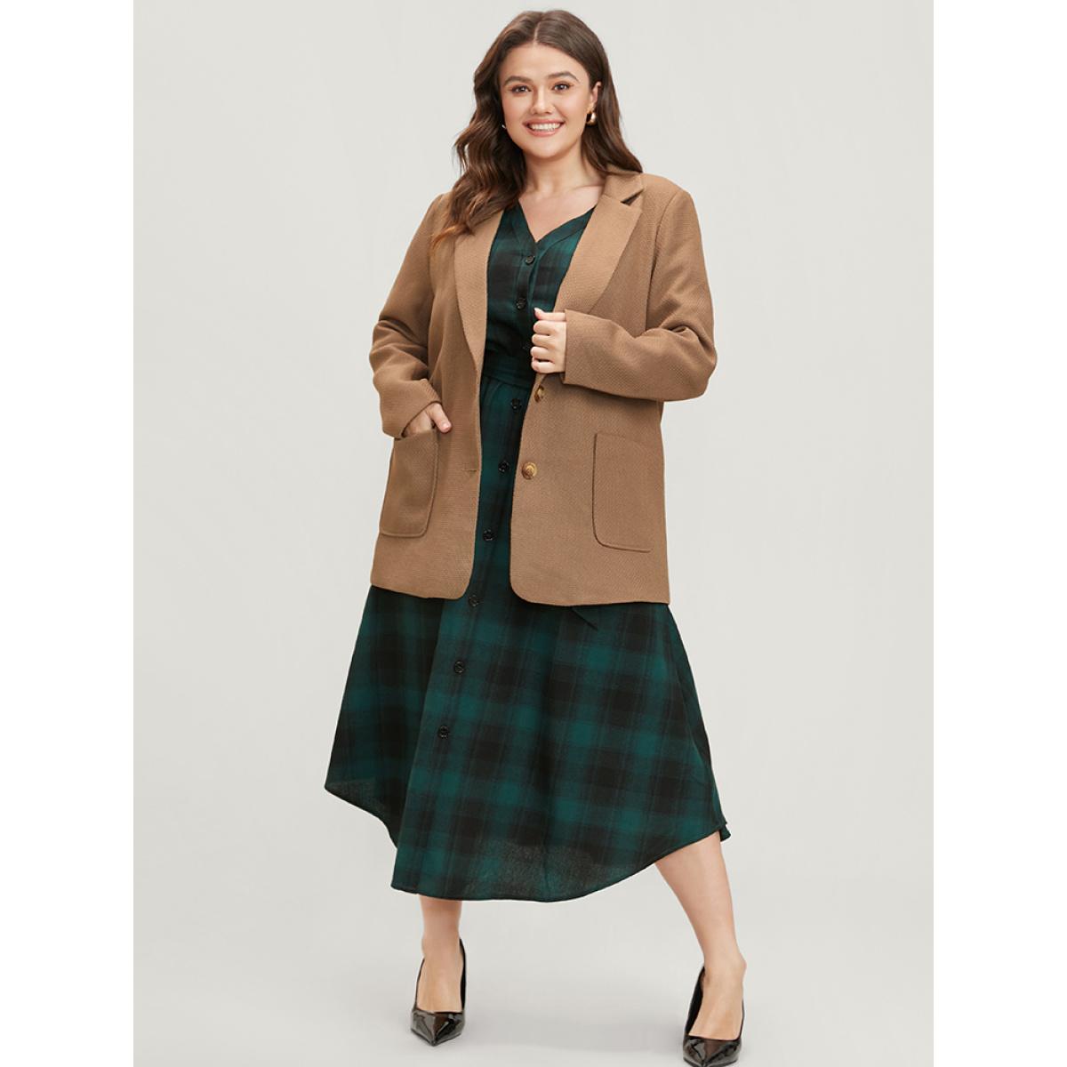 Plus Size Plaid Pocket Button Detail Belted Asymmetrical Hem Dress Emerald Women Elegant Button V-neck Long Sleeve Curvy Midi Dress BloomChic 22-24/3X Product Image