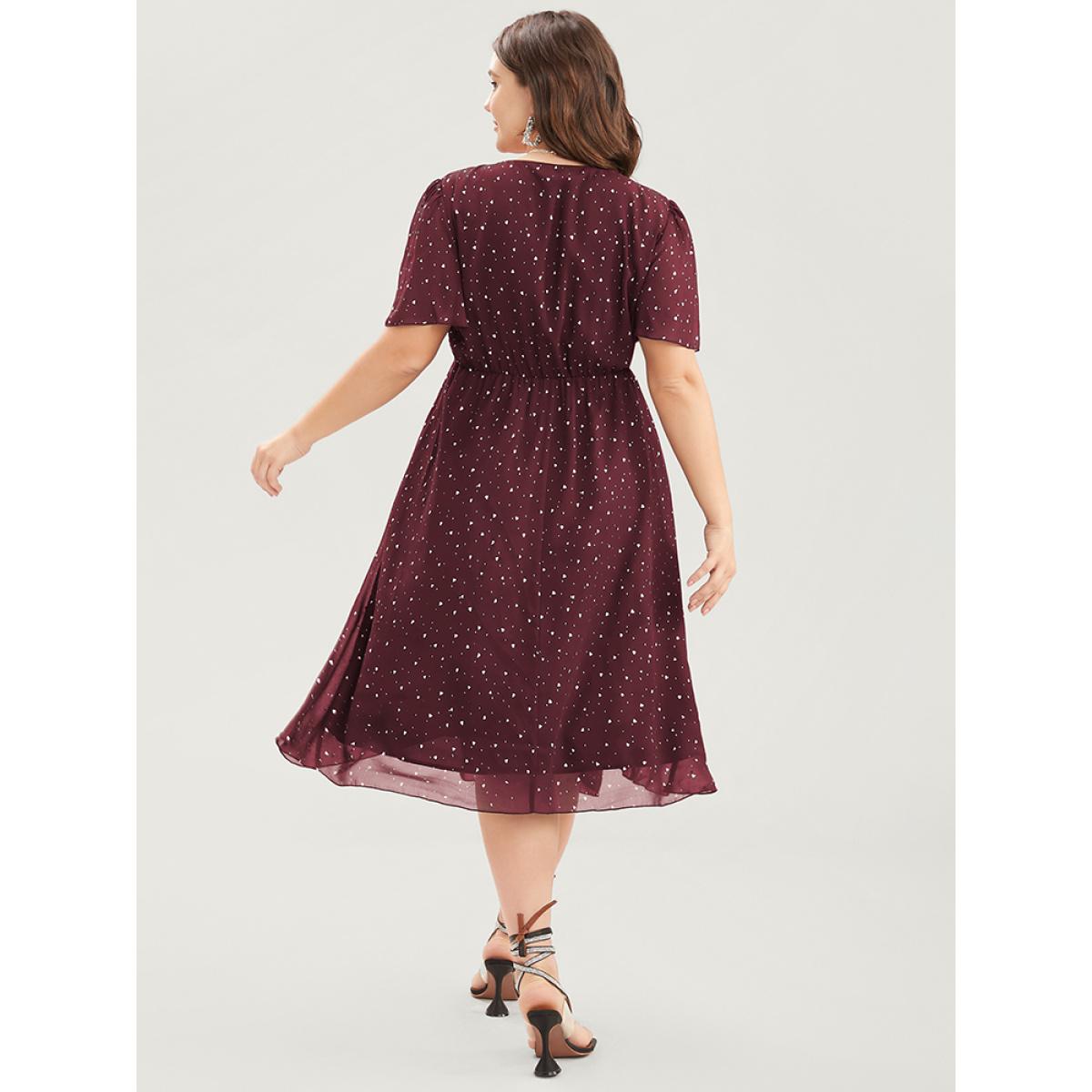 Plus Size Polka Dot Surplice Neck Mesh Pocket Flutter Dress Burgundy Women Glamour Pocket V-neck Short sleeve Curvy Midi Dress BloomChic 28/5X Product Image