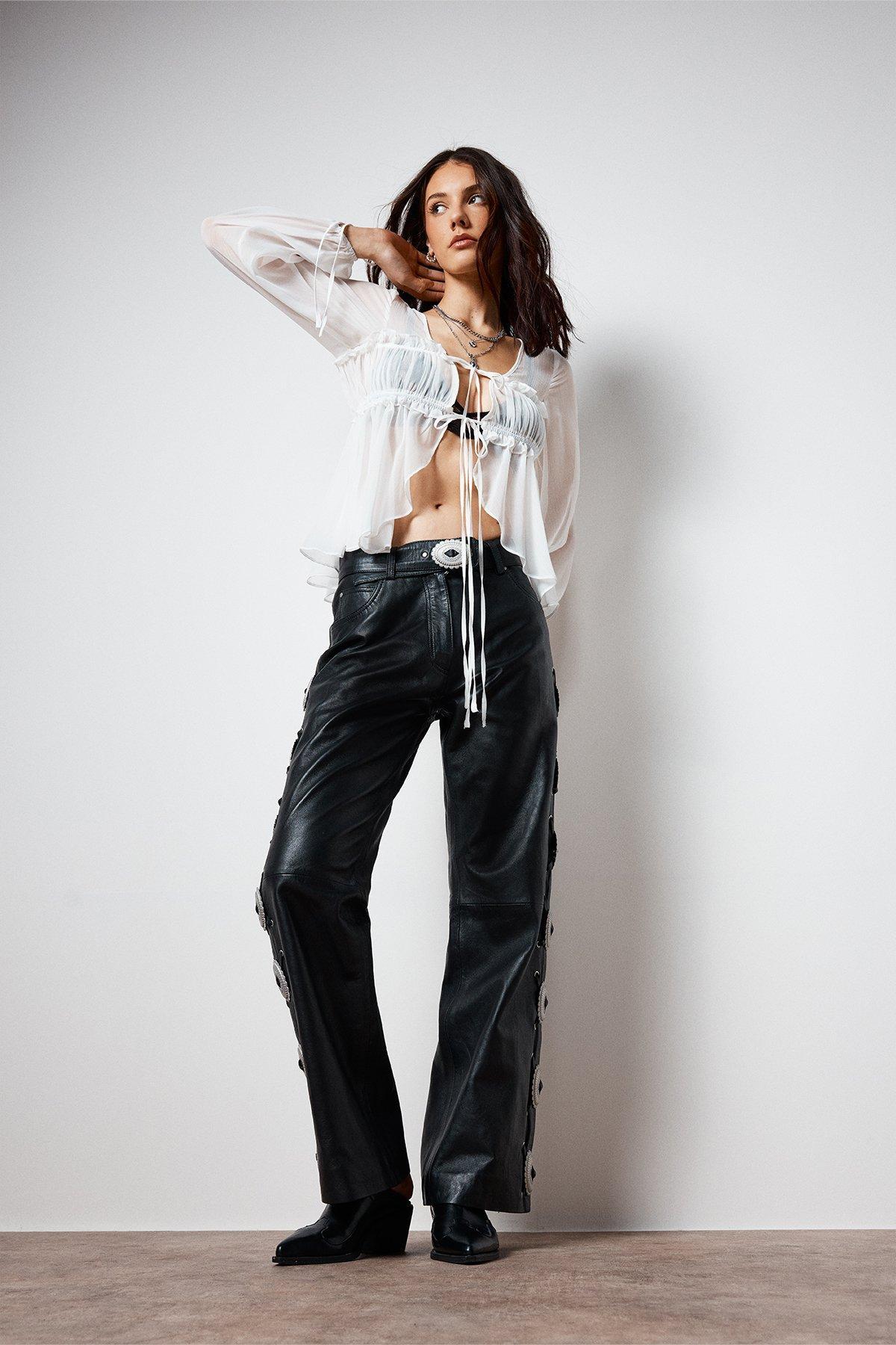 Chiffon Ruched Tie Front Balloon Sleeve Top Product Image