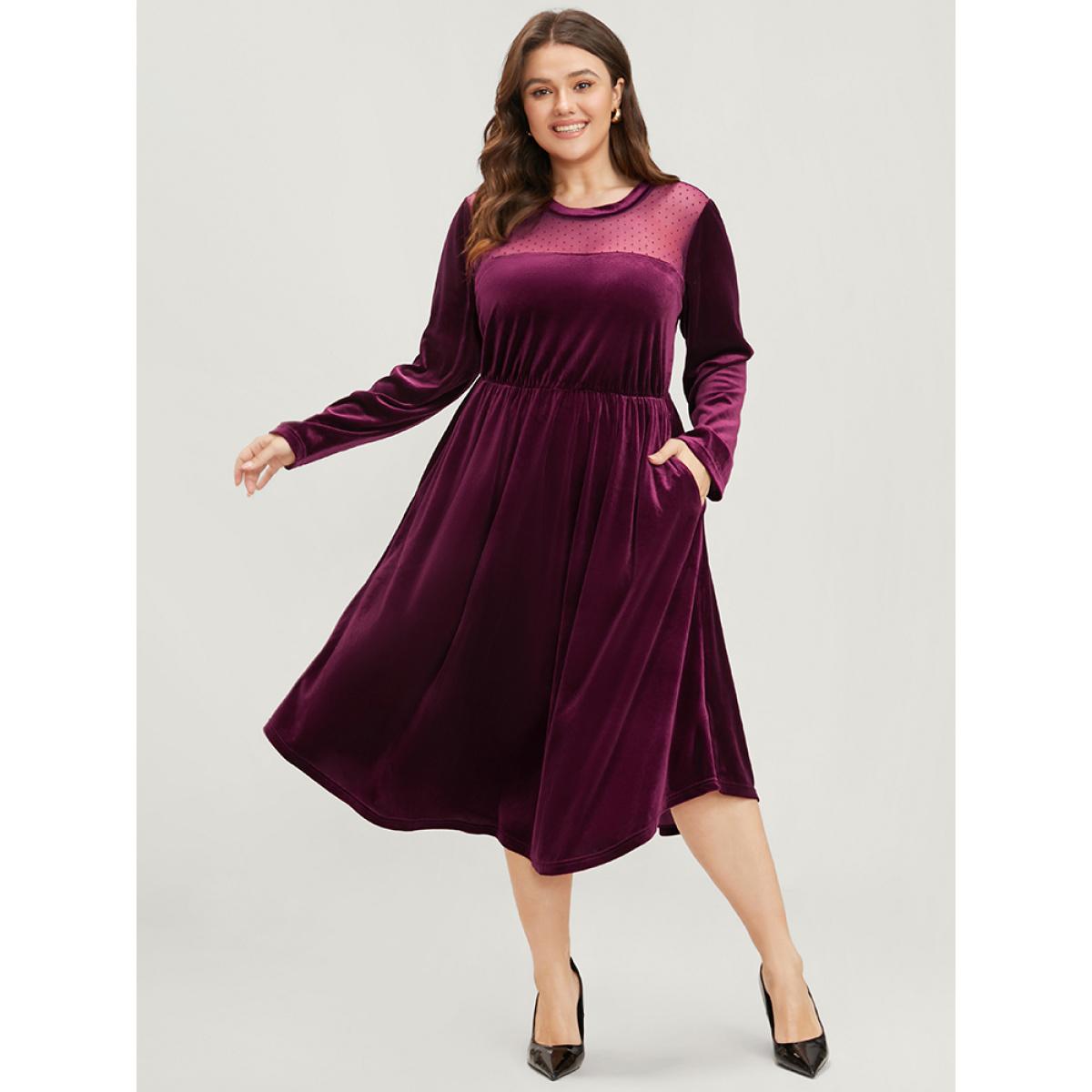 Plus Size Solid Mesh Patchwork Pocket Velvet Arc Hem Dress Burgundy Women Party See through Round Neck Long Sleeve Curvy Midi Dress BloomChic 26/4X Product Image