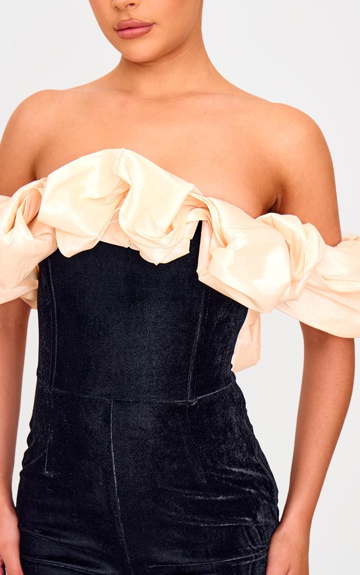 Black Contrast Bardot Puff Sleeve Velvet Romper Product Image