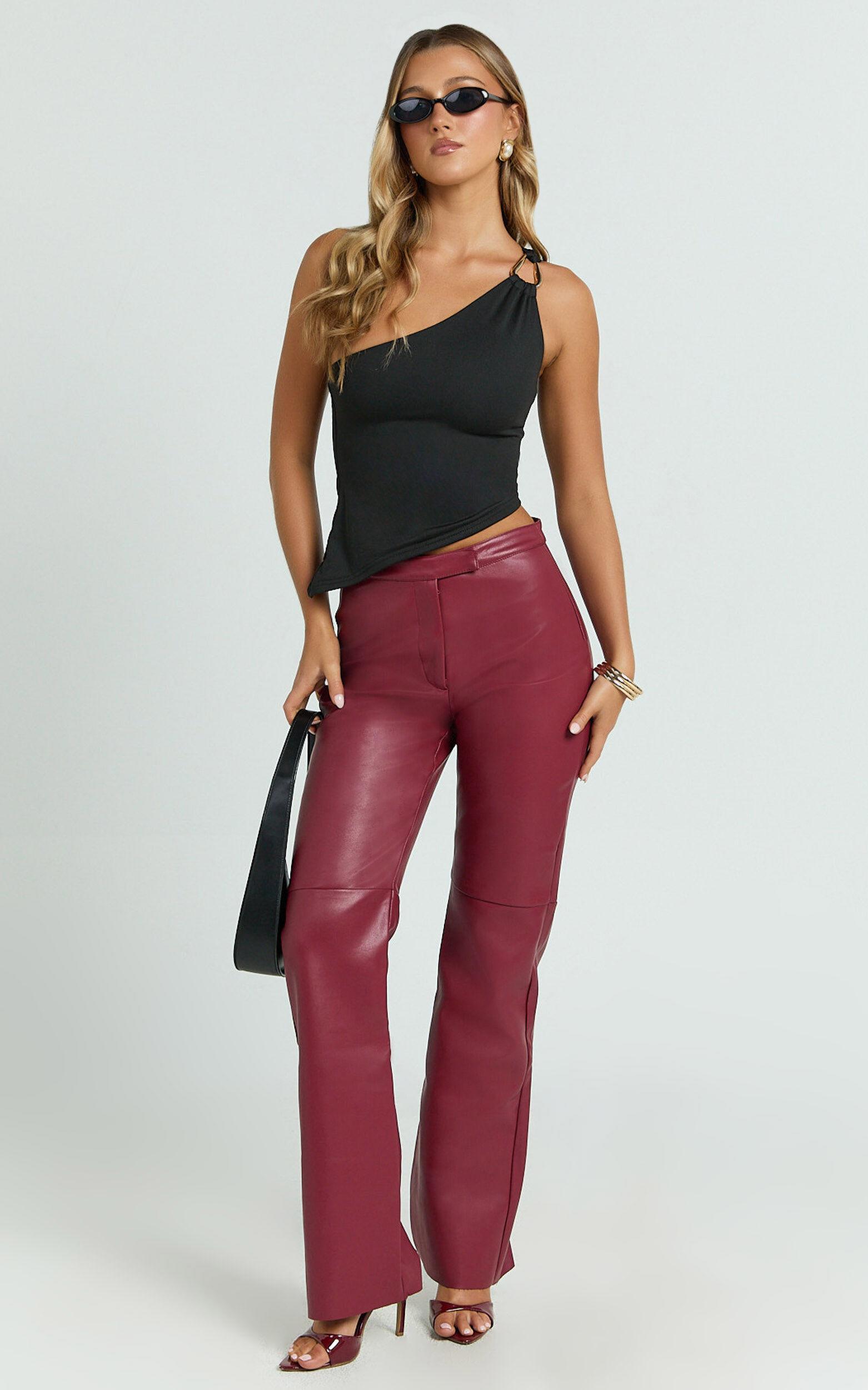 Marzia Pants - Faux Leather Mid Waisted Straight Leg Pants in Wine Product Image