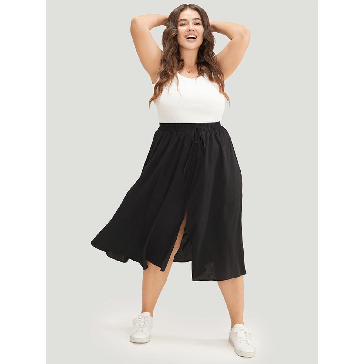 Plus Size Solid Pocket Knot Elastic Waist Split Hem Skirt Women Black Casual Knotted Loose No stretch Pocket Dailywear Skirts BloomChic 28/5X Product Image