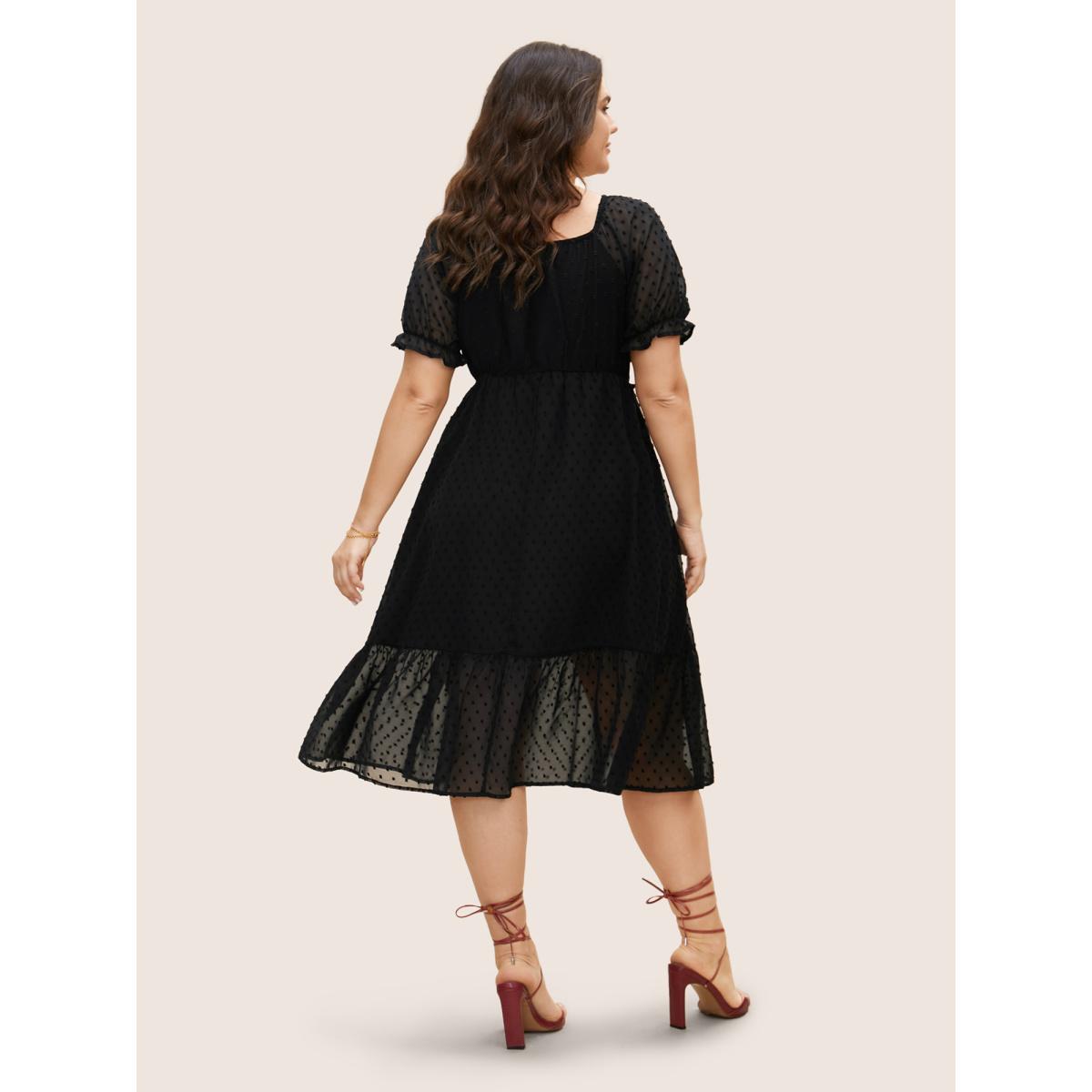 Plus Size Polka Dot Textured Mesh Shirred Drawstring Dress Black Women Romantic Texture V-neck Short sleeve Curvy BloomChic 22-24/3X Product Image