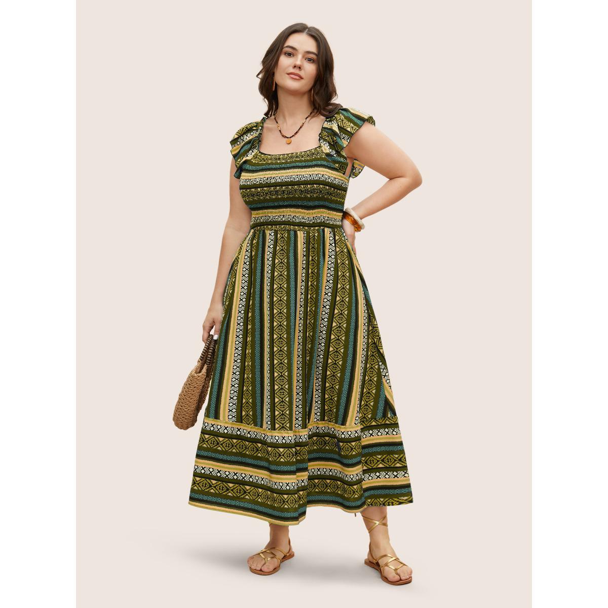 Plus Size Bandana Striped Shirred Ruffle Trim Dress DarkGreen Women Resort Shirred Square Neck Cap Sleeve Curvy BloomChic 18-20/2X Product Image
