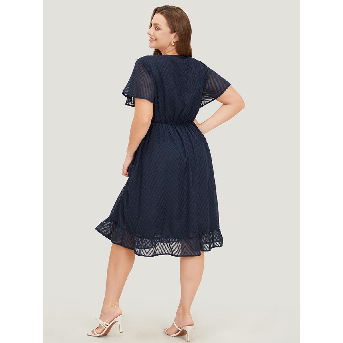Plus Size Plain Geometric Pocket Wrap Mesh Lace Insert Ruffle Dress Indigo Women Elegant Lined V-neck Short sleeve Curvy Knee Dress BloomChic 30/6X Product Image