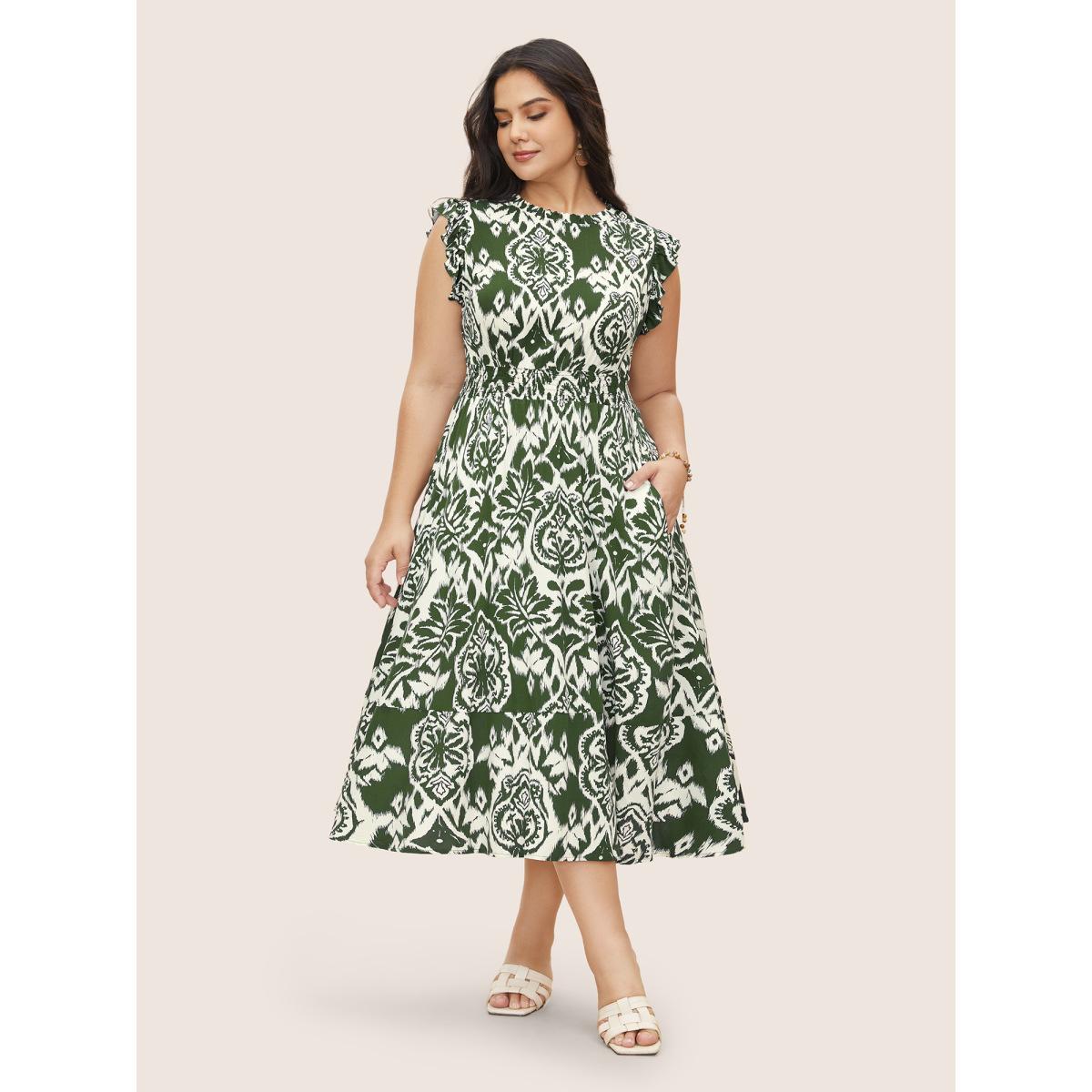 Plus Size Boho Print Mock Neck Shirred Ruffle Cap Sleeve Dress Moss Women Resort Shirred Mock Neck Cap Sleeve Curvy Midi Dress BloomChic 26/4X Product Image