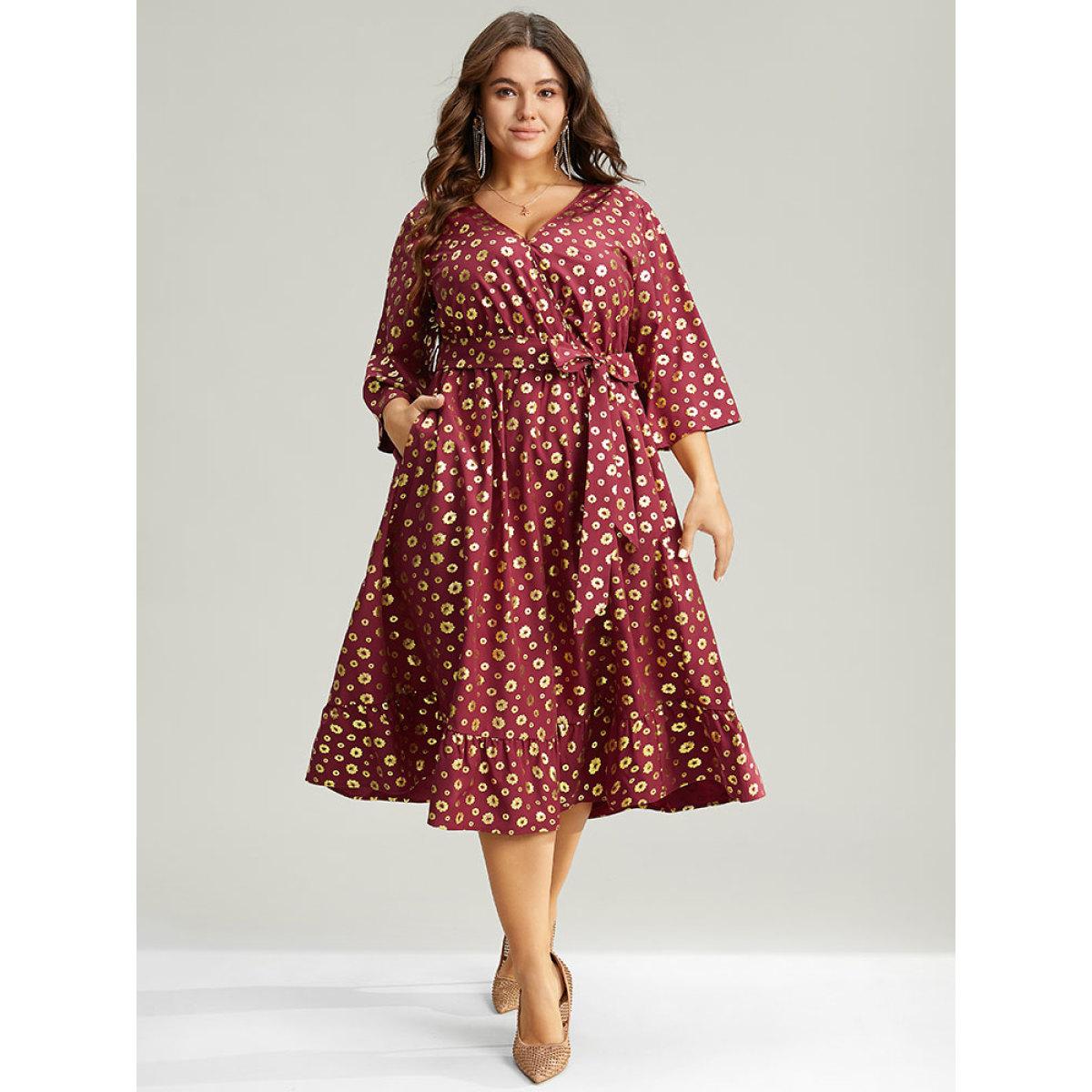 Plus Size Colorblock Glitter Bowknot Belted Pocket Dress Scarlet Women Party Wrap Overlap Collar Elbow-length sleeve Curvy Midi Dress BloomChic 12/L Product Image