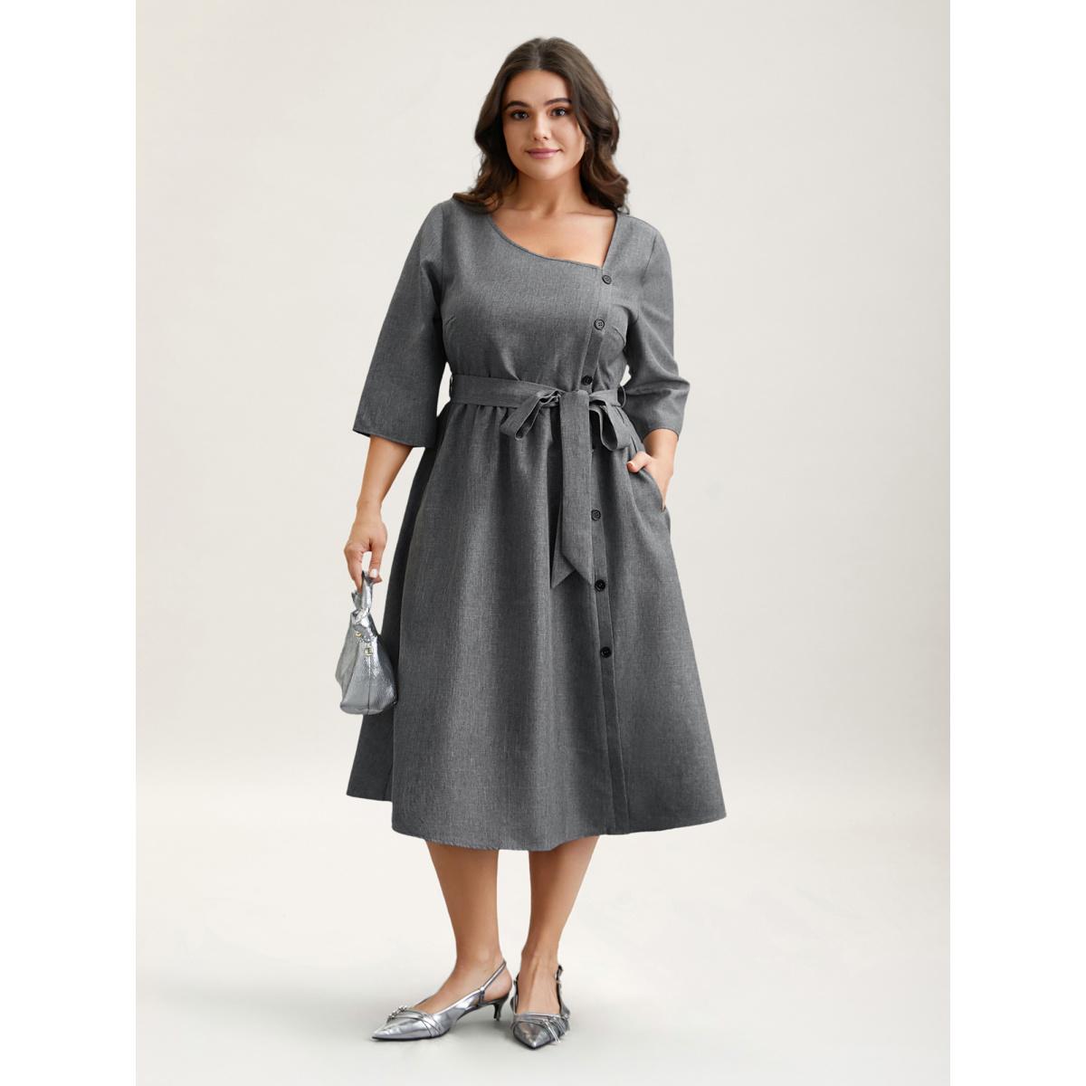 Plus Size Asymmetrical Neckline Belted Pockets Midi Dress DarkGray Women At the Office Belted Asymmetrical Neck Elbow-length sleeve Curvy BloomChic 30/6X Product Image