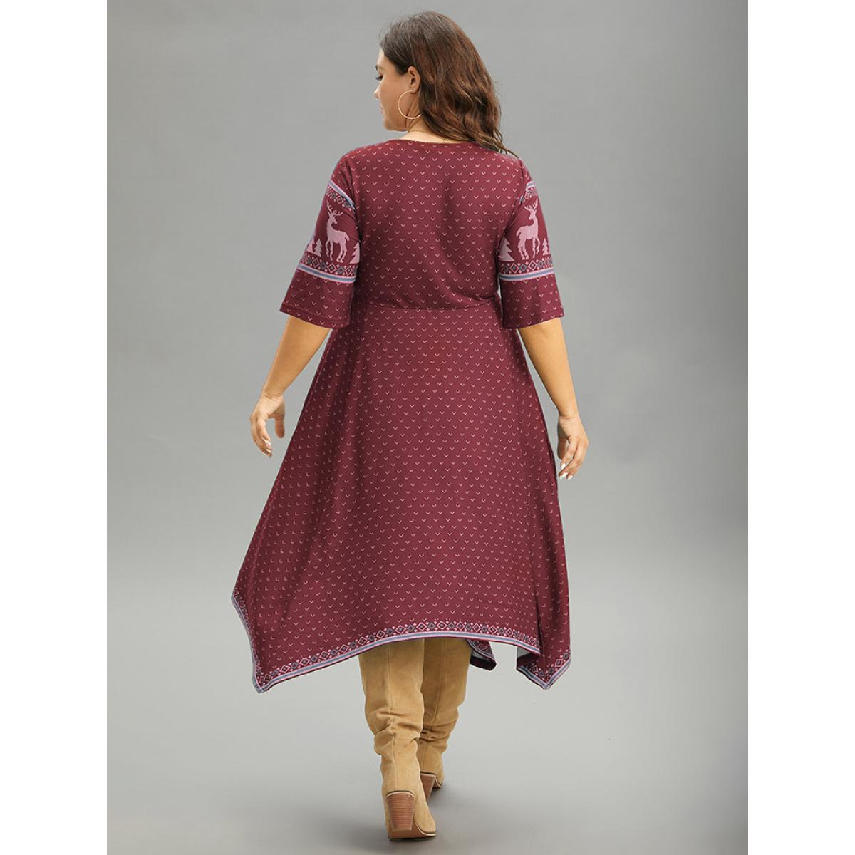 Plus Size Christmas Elk Elastic Waist Hanky Hem Dress Maroon Women Casual Printed Round Neck Half Sleeve Curvy Midi Dress BloomChic 18-20/2X Product Image