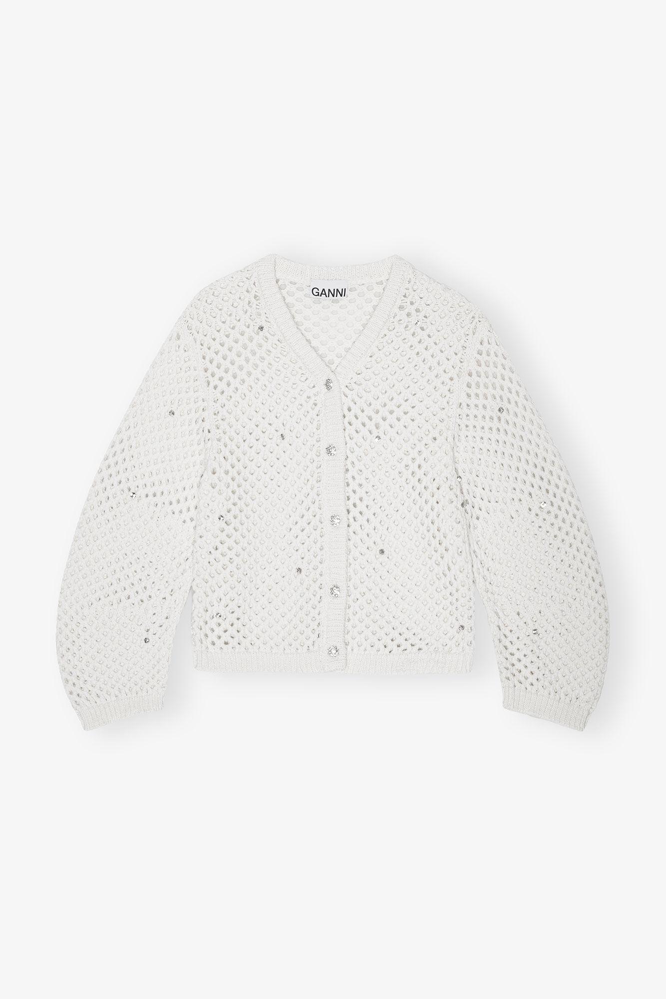 Ivory Rhinestone Cotton Pointelle Cardigan Product Image