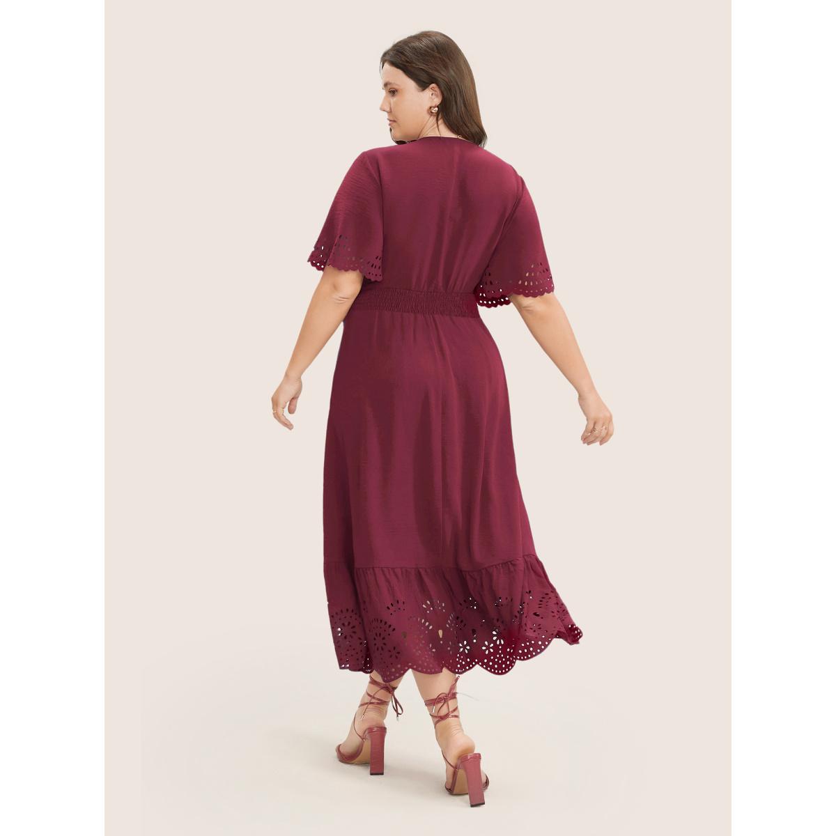 Plus Size Solid Laser Cut Shirred Pocket Wrap Scalloped Trim Flutter Dress Burgundy Women Elegant Non V-neck Short sleeve Curvy Midi Dress BloomChic 28/5X Product Image
