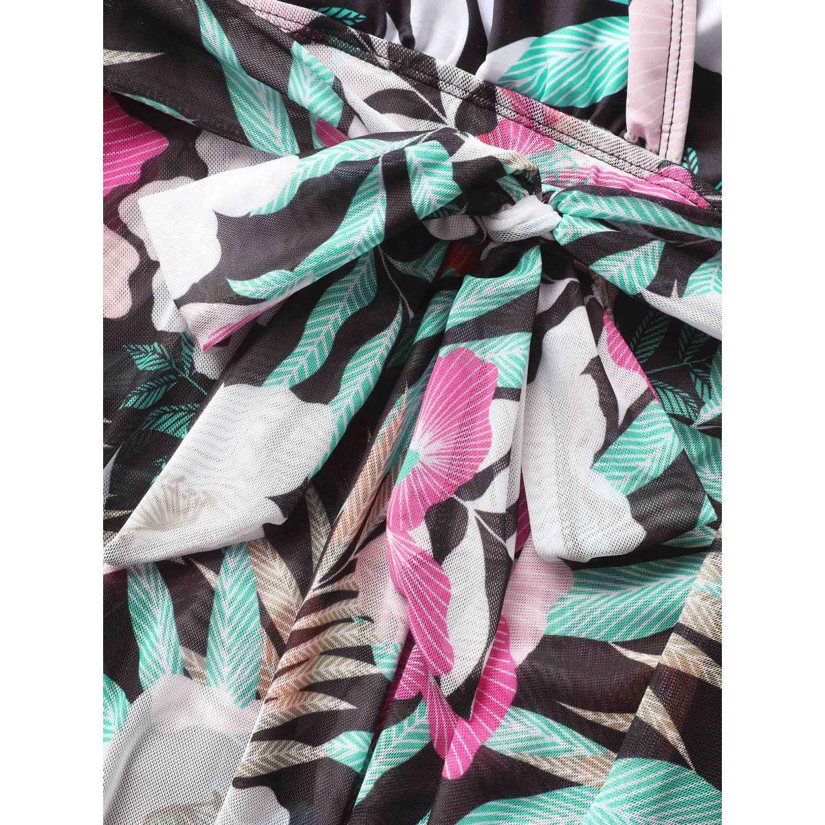 Plus Size Overlap Collar Floral Mesh Patchwork Swim Dress Women's Swimwear Black Beach Bodycon Overlap Collar High stretch Curve Swim Dresses BloomChic 22-24/3X Product Image