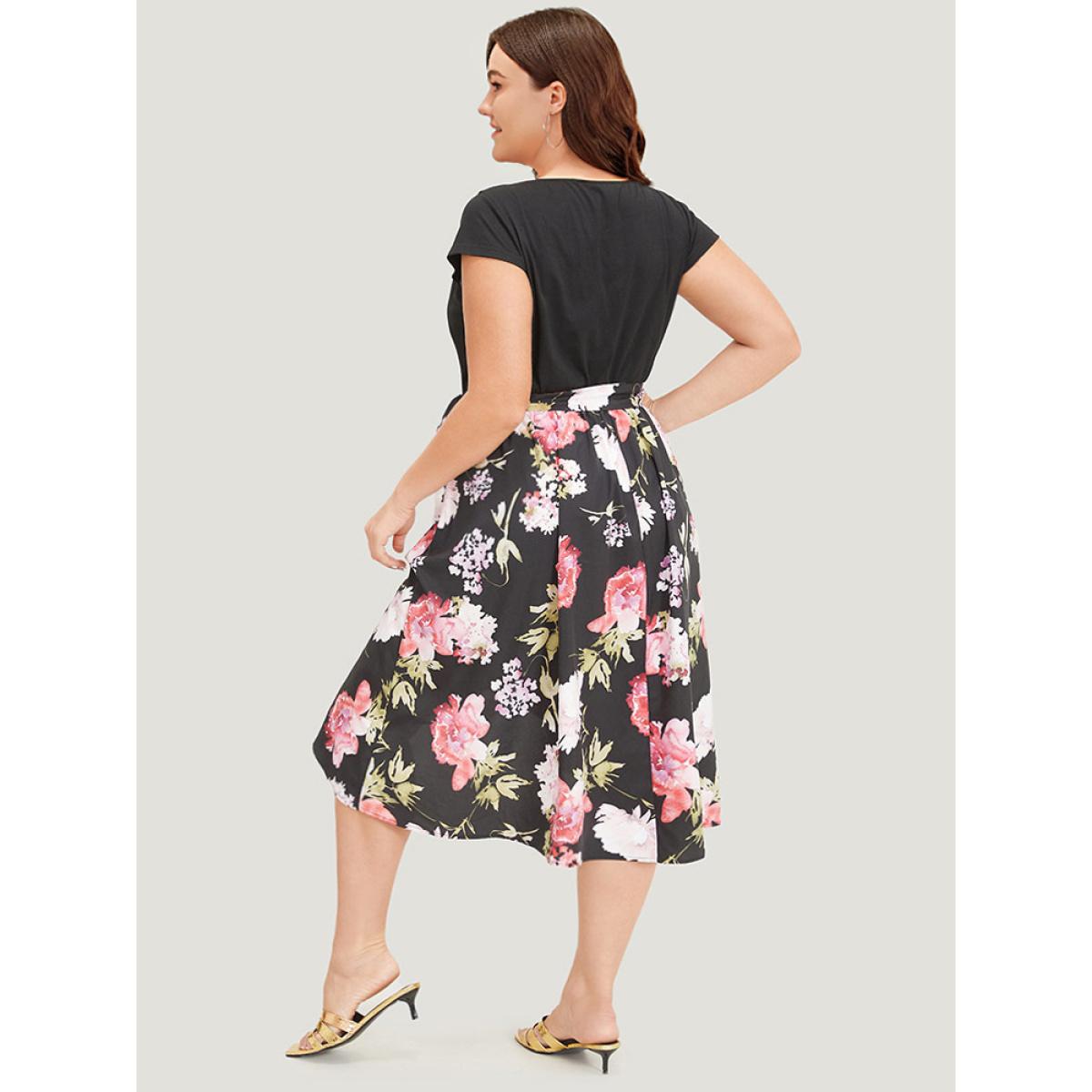 Plus Size Floral Print Patchwork Pocket Belted Asymmetrical Hem Dress Black Women Glamour Plain Round Neck Short sleeve Curvy Midi Dress BloomChic 18-20/2X Product Image