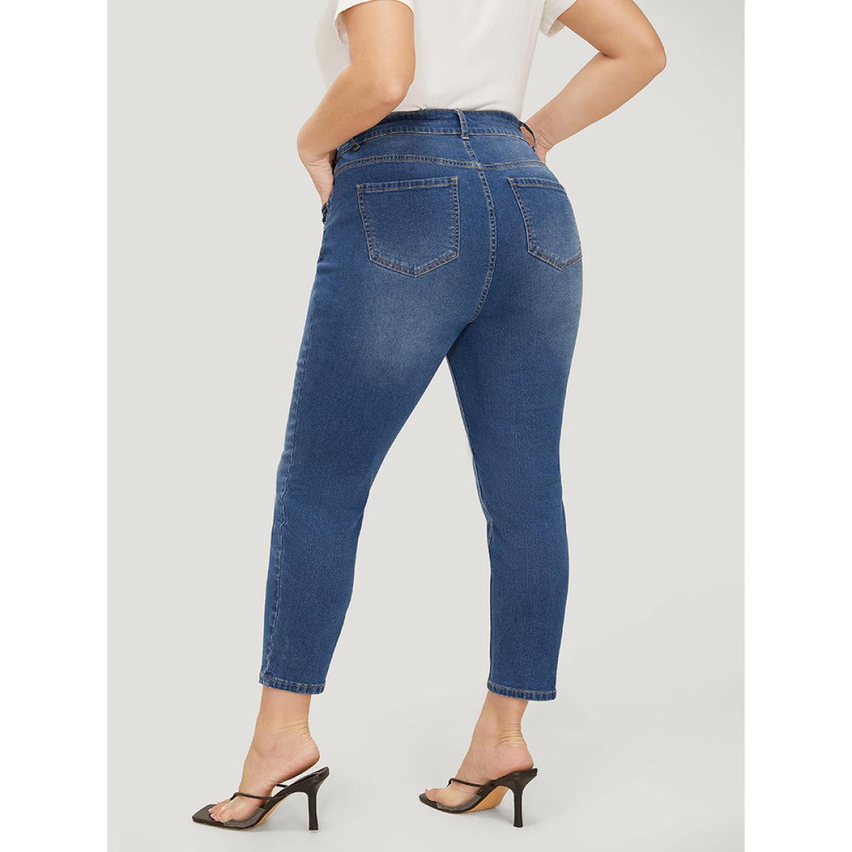 Plus Size Very Stretchy High Rise Medium Wash Patched Patchwork Jeans Women Indigo Casual Plain Patchwork High stretch Pocket Jeans BloomChic 10/M Product Image