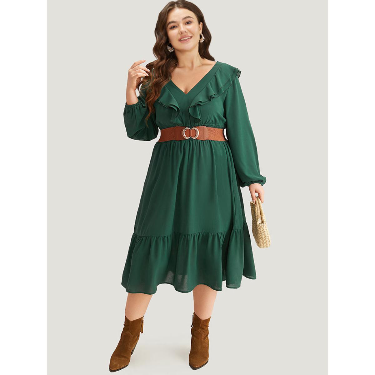 Plus Size Solid Shirred Ruffle Trim Pleated Dress DarkGreen Women Vacation Elastic cuffs V-neck Long Sleeve Curvy Midi Dress BloomChic 30/6X Product Image