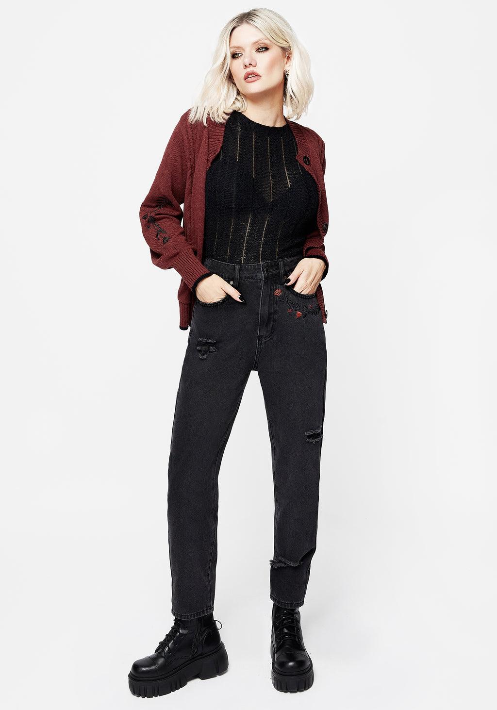 Foxfire Embroidered Distressed Mom Jeans Product Image