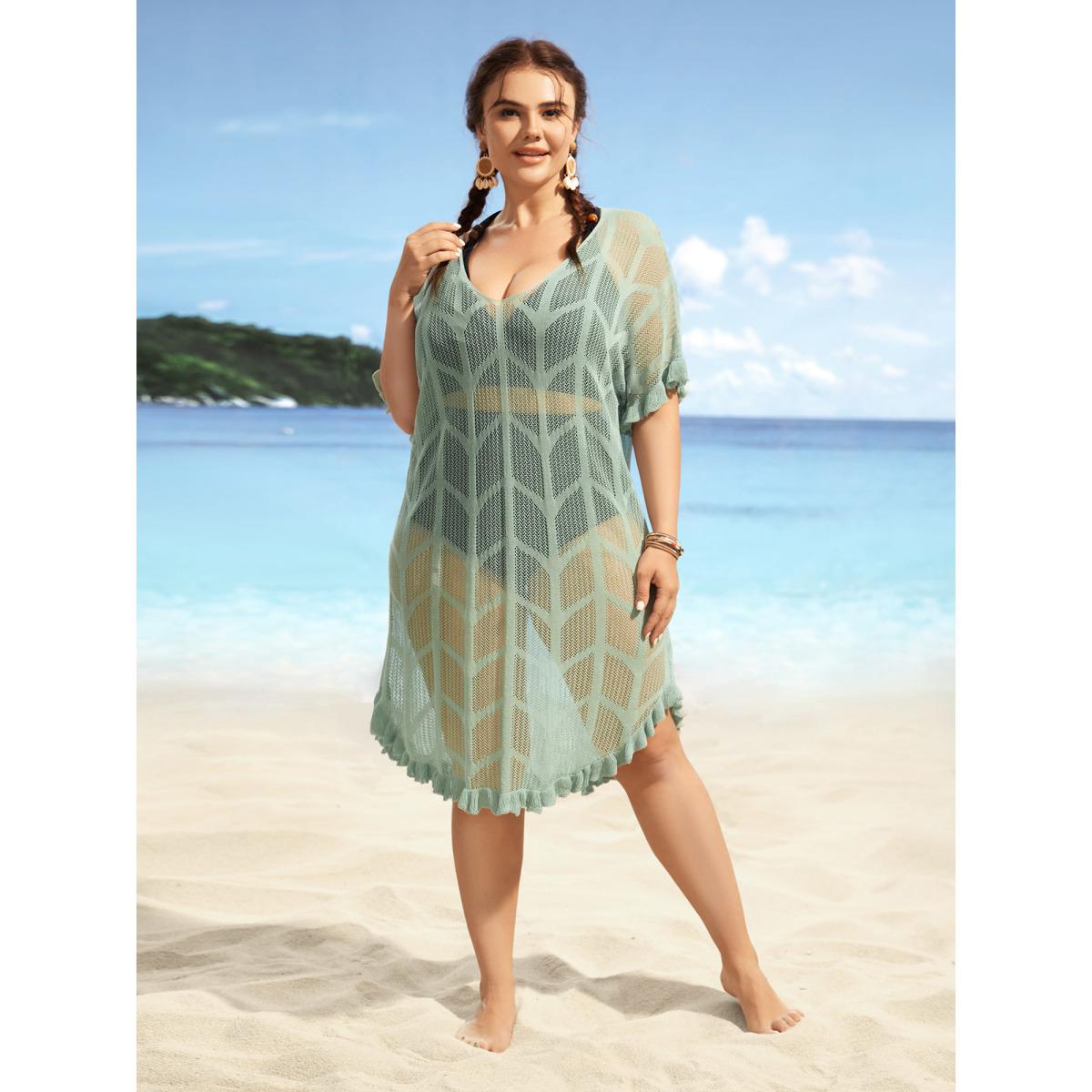 Plus Size Texture Ruffles Cut Out Dolman Sleeve Swim Cover Up Women's Swimwear Palemauve Beach Loose Texture Curve Swim Cover Ups BloomChic 12/L Product Image