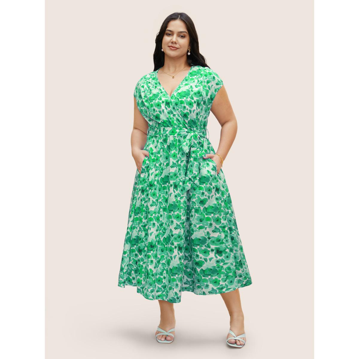 Plus Size Watercolor Floral Dolman Sleeve Maxi Dress Emerald Women Elegant Belted V-neck Sleeveless Curvy BloomChic 18-20/2X Product Image