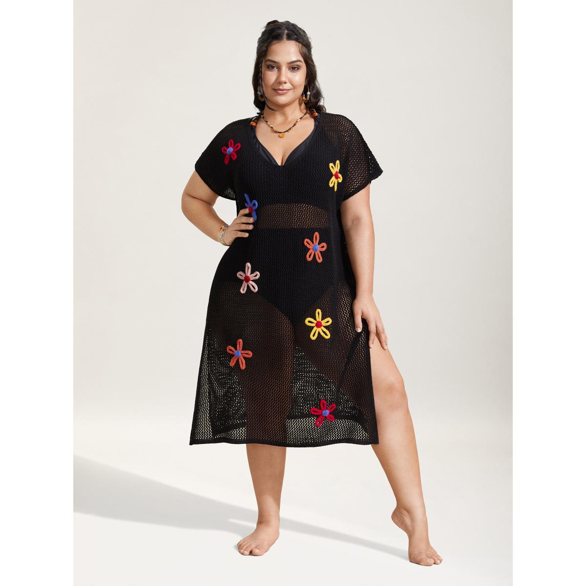 Plus Size Stereo Flower Design Slit Hem Swim Cover Up Women's Swimwear Black Resort Loose Crochet Curve Swim Cover Ups BloomChic 22-24/3X Product Image