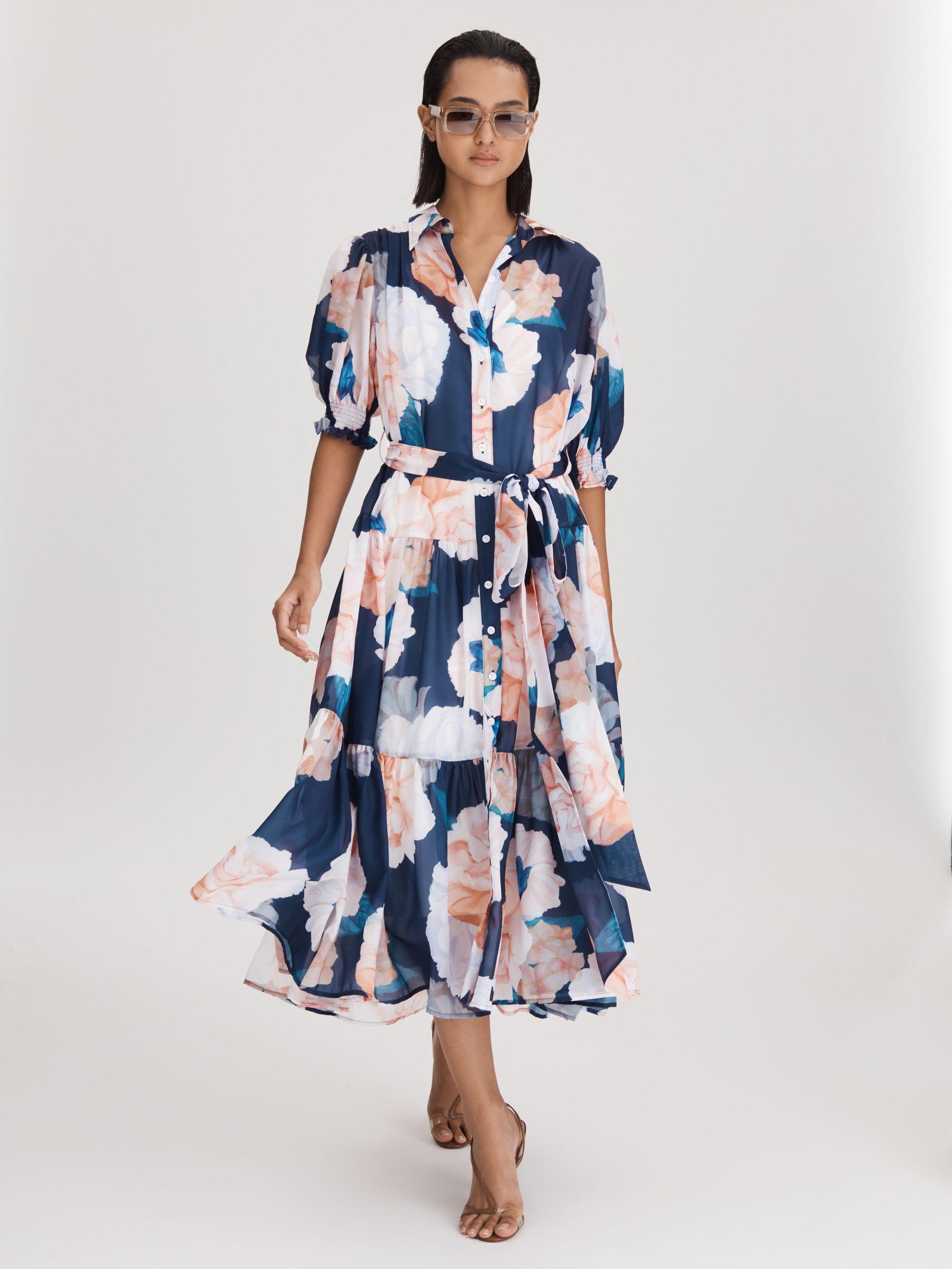 Leo Lin Printed Bishop Sleeve Midi Dress in Rosebud Print Navy Product Image