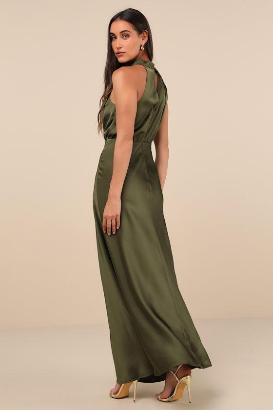 Distinctive Charm Olive Green Satin Asymmetrical Maxi Dress Product Image