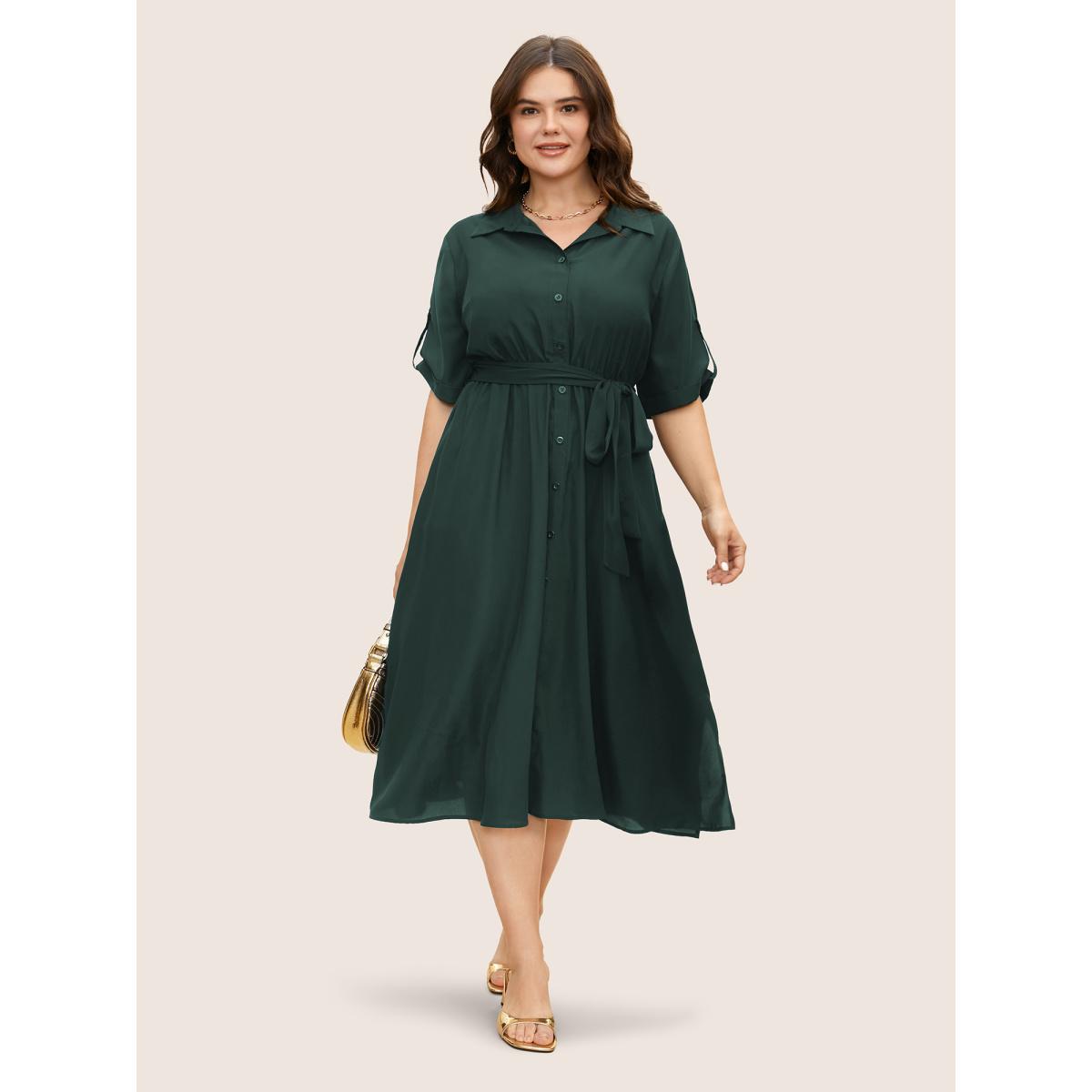 Plus Size Shirt Collar Tab Sleeve Split Hem Dress Cyan Women Office Belted Shirt collar Half Sleeve Curvy BloomChic 12/L Product Image