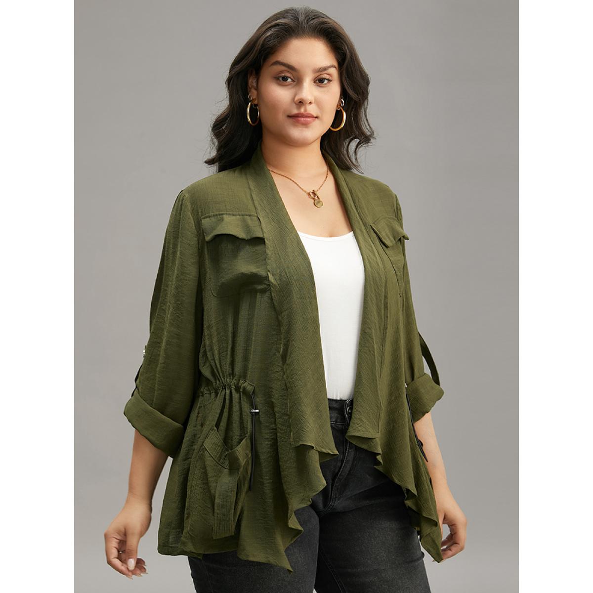 Plus Size Supersoft Essentials Plain Pocket Asymmetrical Drawstring Coat Women ArmyGreen Plain Pocket Dailywear Jackets BloomChic 26/4X Product Image