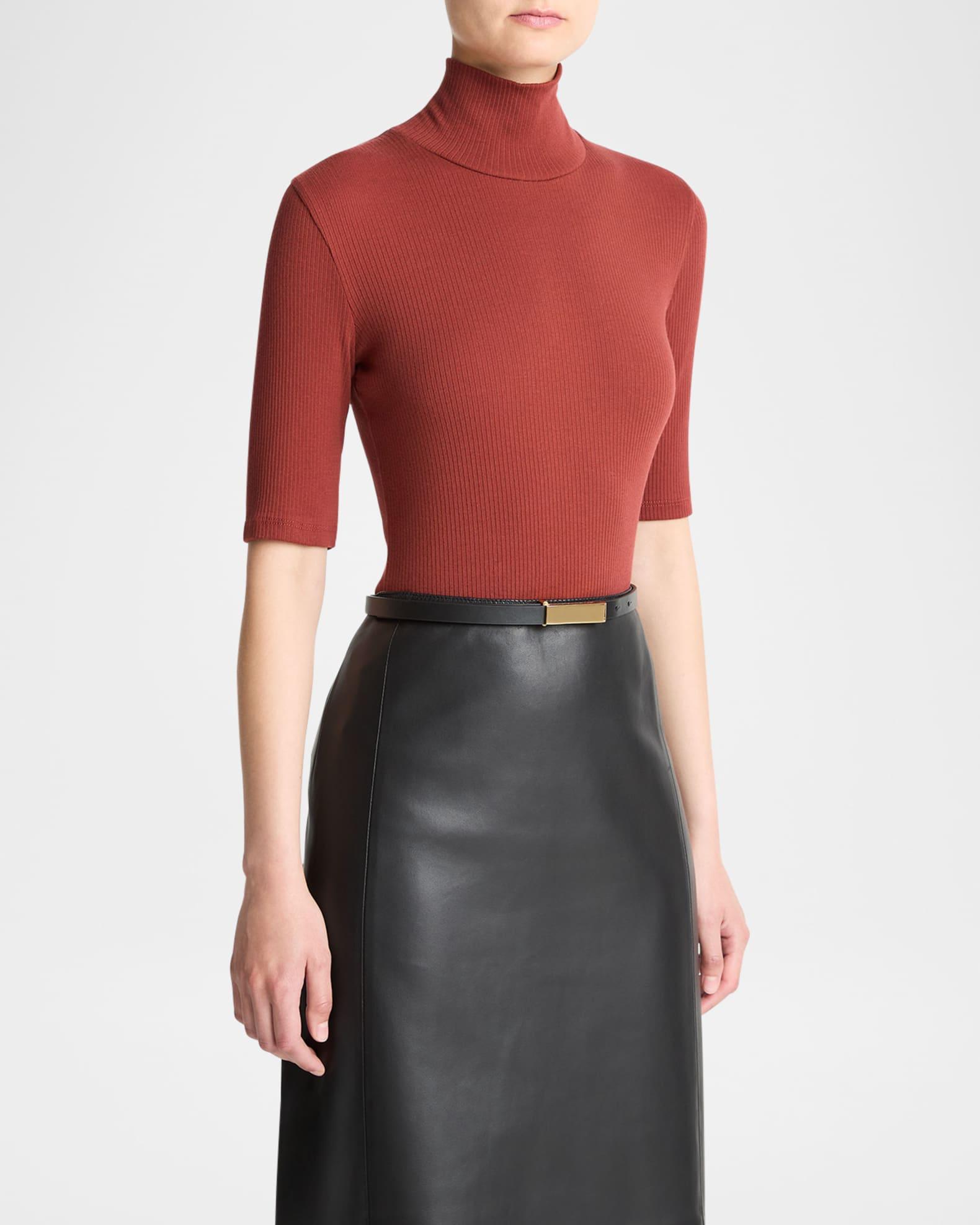 Ribbed Elbow-Sleeve Turtleneck Top Product Image