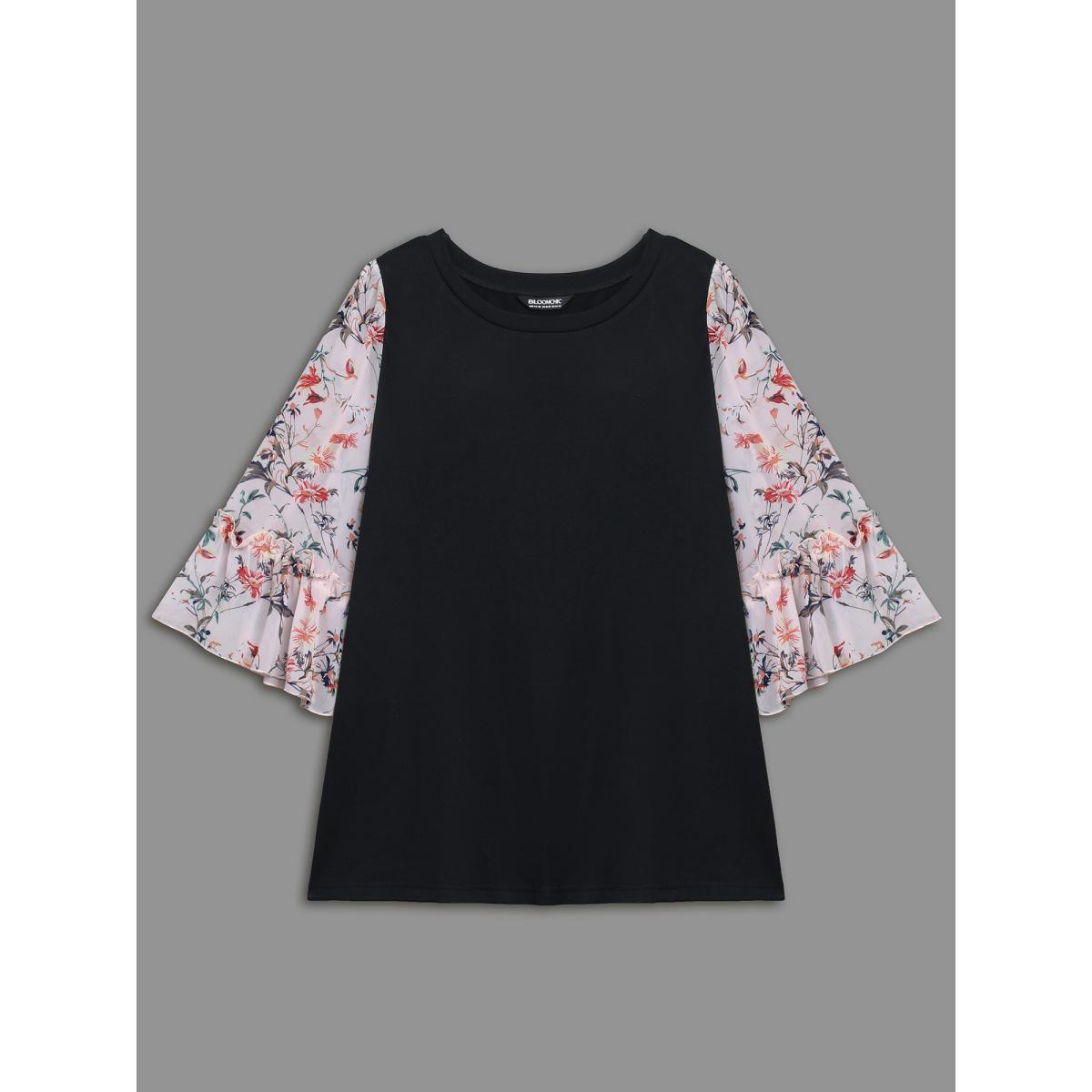 Plus Size Floral Print Patchwork Ruffle Sleeve T-Shirt Black Women Elegant Contrast Round Neck Everyday T-shirts BloomChic 14-16/1X Product Image