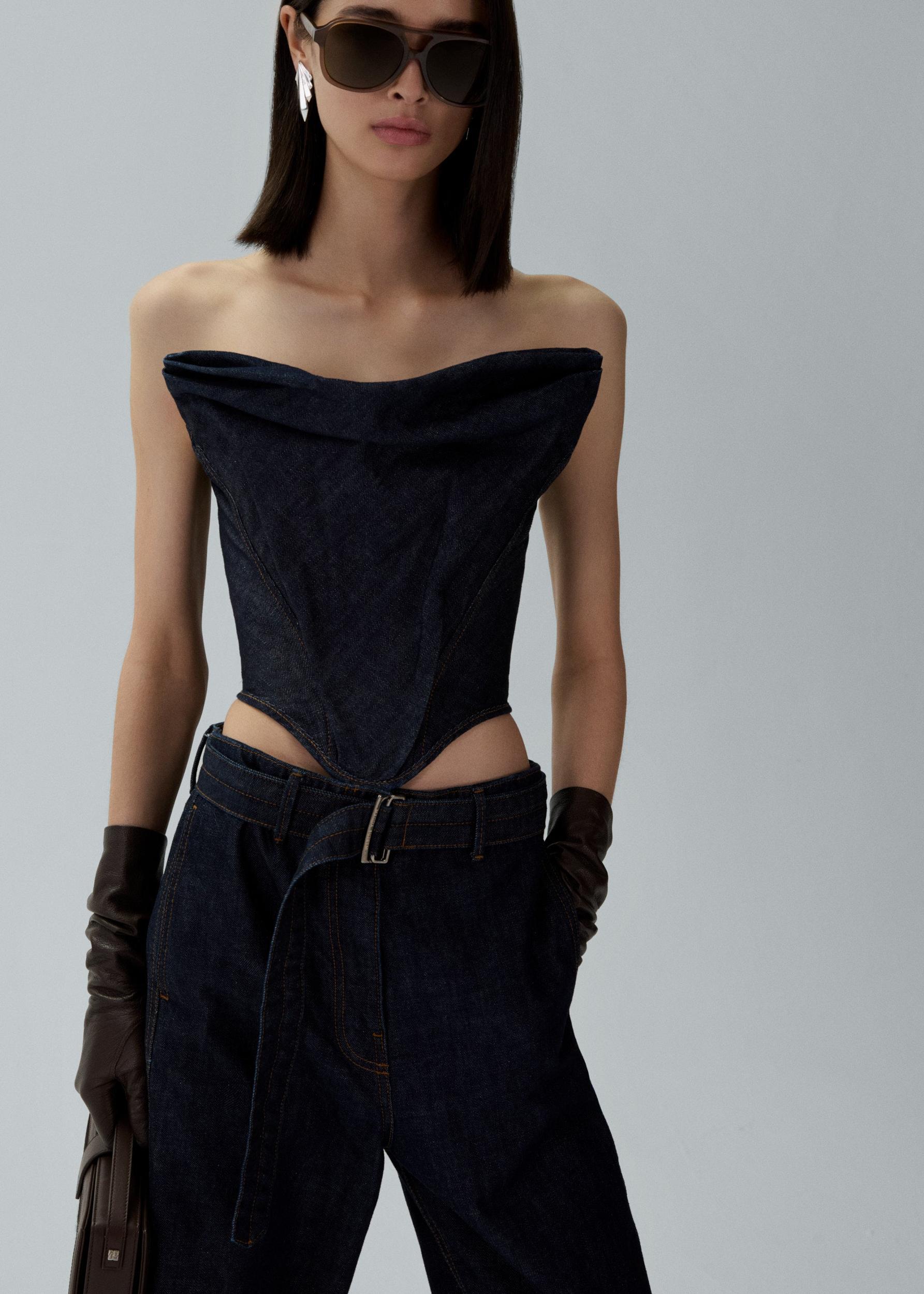 Draped strapless denim corset in navy Product Image
