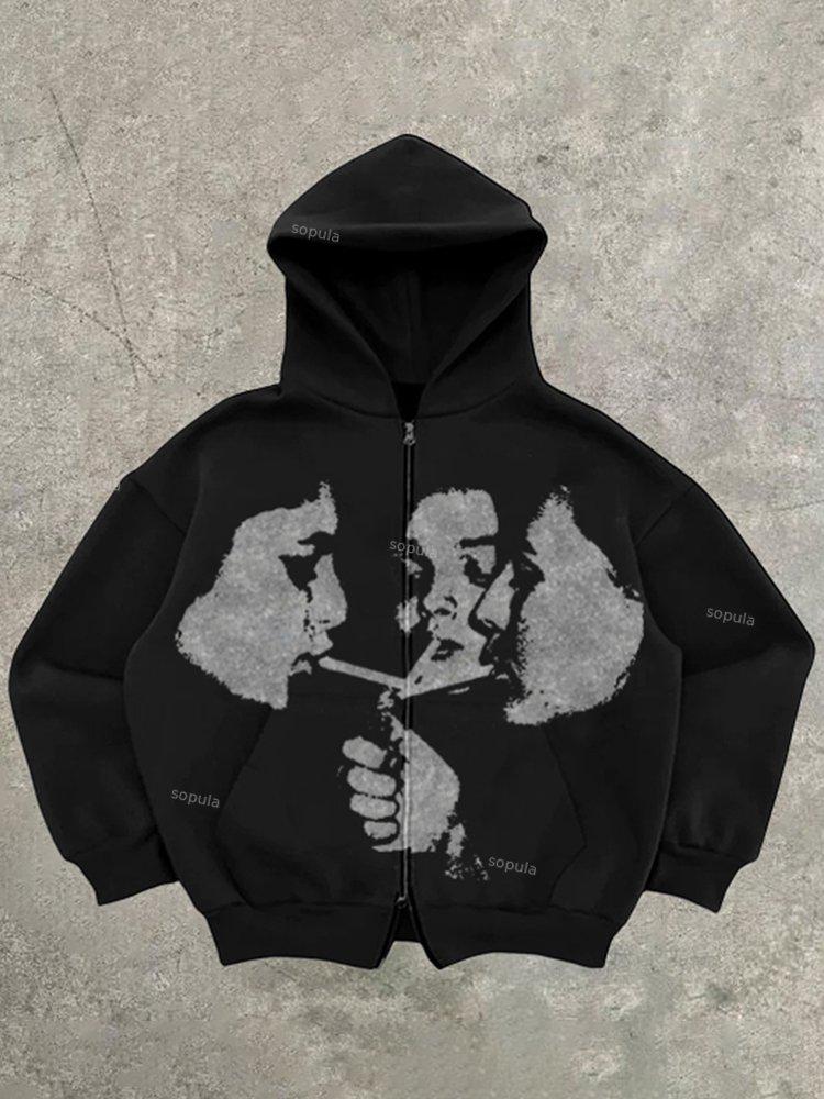 Relaxed Vintage Graphic Casual Street Hip Hop Oversized Zip Up Hoodie Product Image