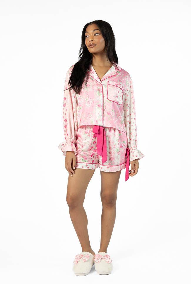 Dont Wake Me Up Pink Multi Floral Satin Pajama Shorts FINAL SALE Girls Product Image