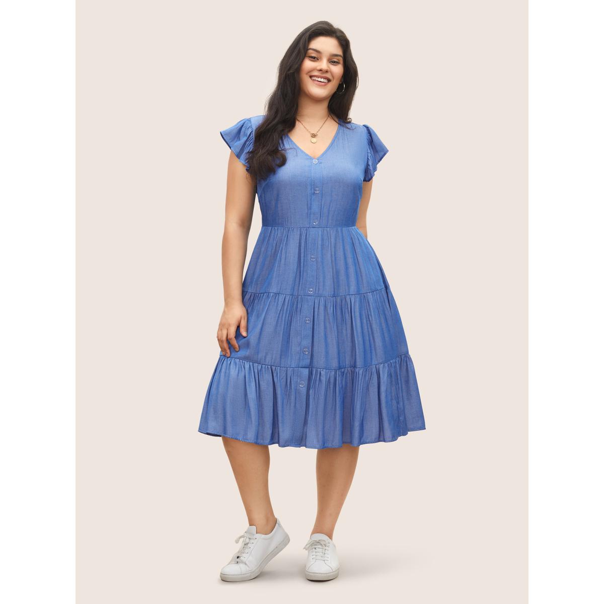 Plus Size Plain Button Detail Layered Hem Ruffle Cap Sleeve Dress Blue Women Casual Non V-neck Cap Sleeve Curvy Midi Dress BloomChic 28/5X Product Image