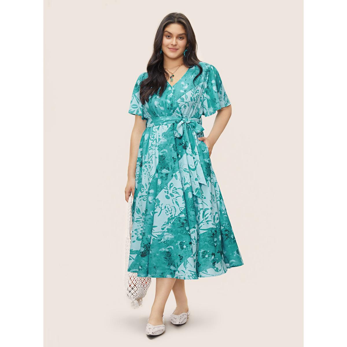 Plus Size Graphic Elastic Waist Belted Wrap Dress Turquoise Women Resort Non Overlap Collar Short sleeve Curvy Midi Dress BloomChic 14-16/1X Product Image