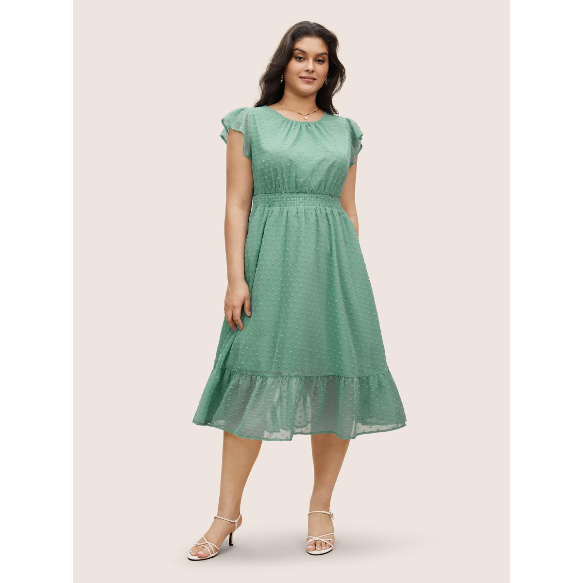 Plus Size Textured Shirred Ruffle Cap Sleeve Dress Aquamarine Women Elegant Texture Round Neck Cap Sleeve Curvy Midi Dress BloomChic 14-16/1X Product Image