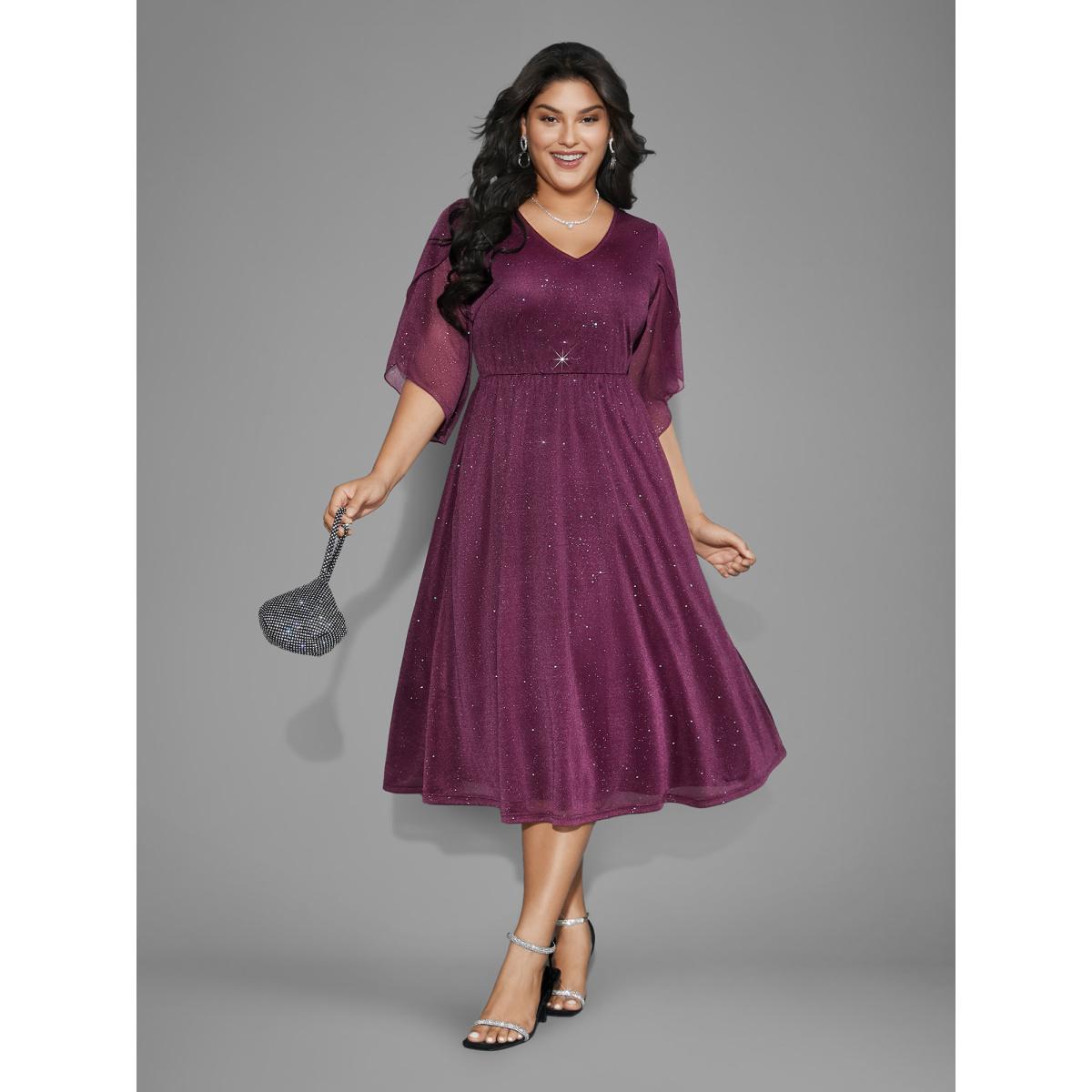 Plus Size Glitter Mesh Petal Sleeve Midi Dress Deeppurplered Women Party&Cocktail Texture Party Curvy Bloomchic 28/5X Product Image