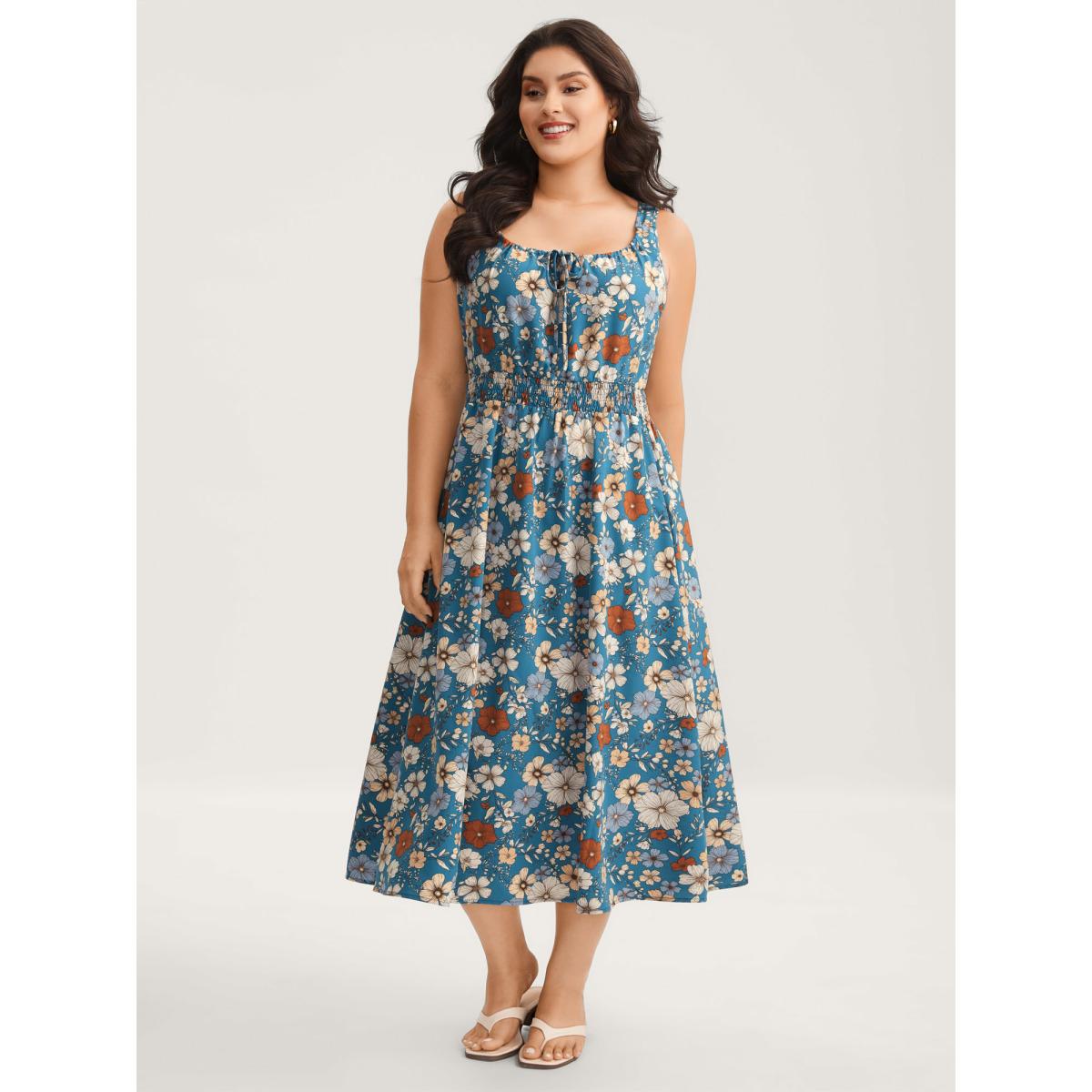 Plus Size Floral Print Shirred Waist Midi Dress Mediumblue Women Timeless Square Neck Sleeveless Curvy BloomChic 12/L Product Image