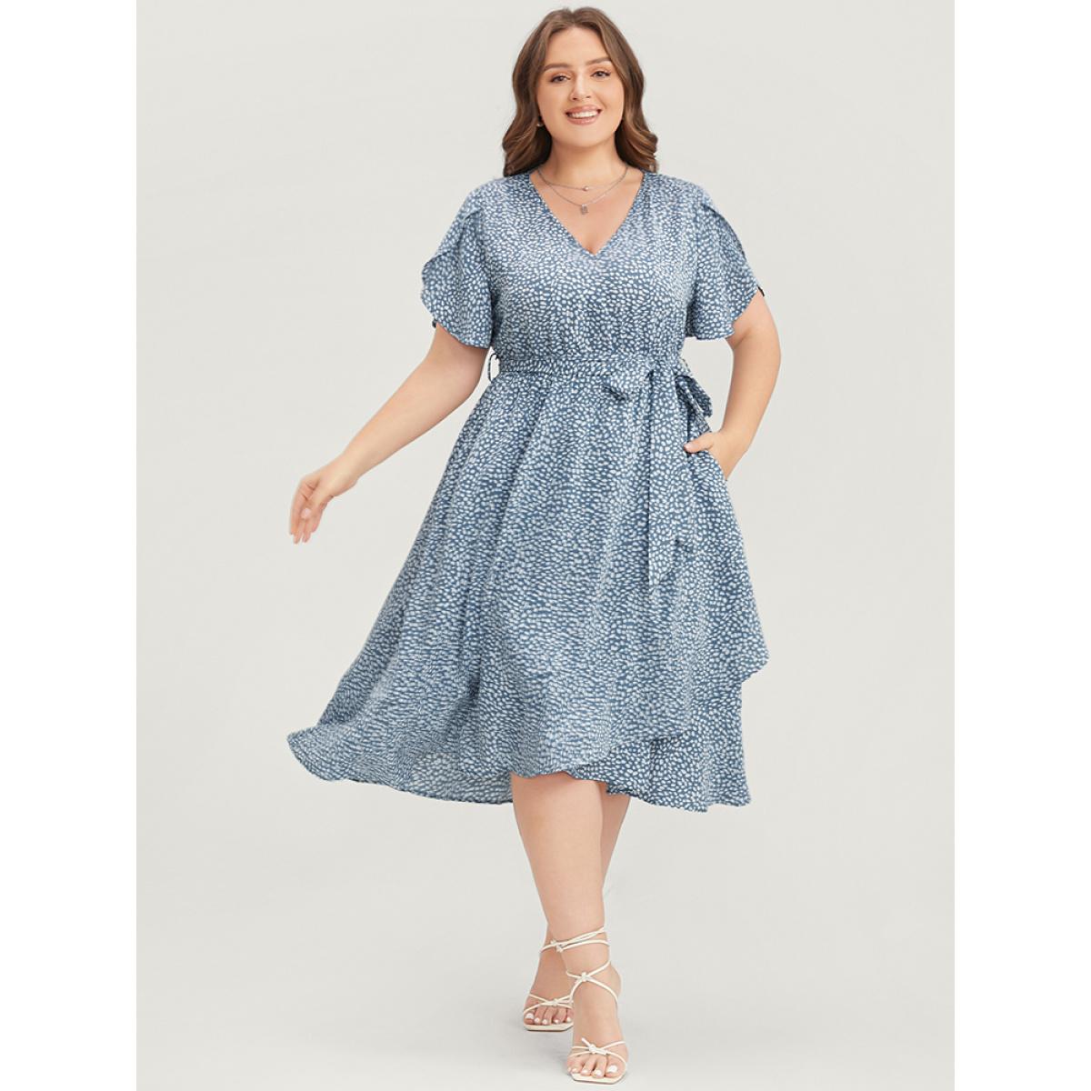 Plus Size Polka Dot Split Sleeve Ruffle Pocket Belted Asymmetrical Hem Dress LightBlue Women Elegant Cross straps V-neck Short sleeve Curvy Midi Dress BloomChic 30/6X Product Image