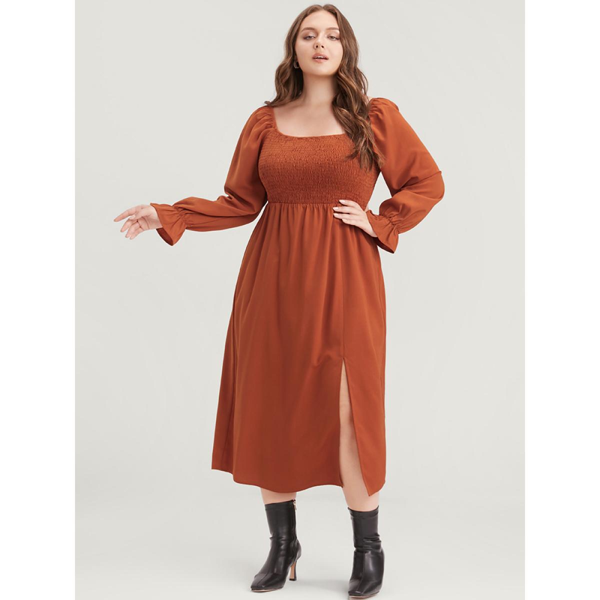 Plus Size Solid Shirred Square Neck Lantern Sleeve Split Hem Dress Rust Women Elegant Shirred Square Neck Long Sleeve Curvy Midi Dress BloomChic 22-24/3X Product Image