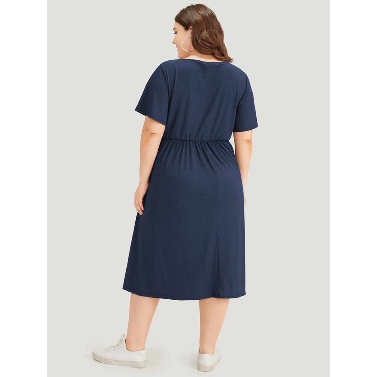 Plus Size Supersoft Essentials Plain Button Detail Ruffle Sleeve Gathered Square Neck Dress Indigo Women Casual Texture Square Neck Short sleeve Curvy Midi Dress BloomChic 28/5X Product Image