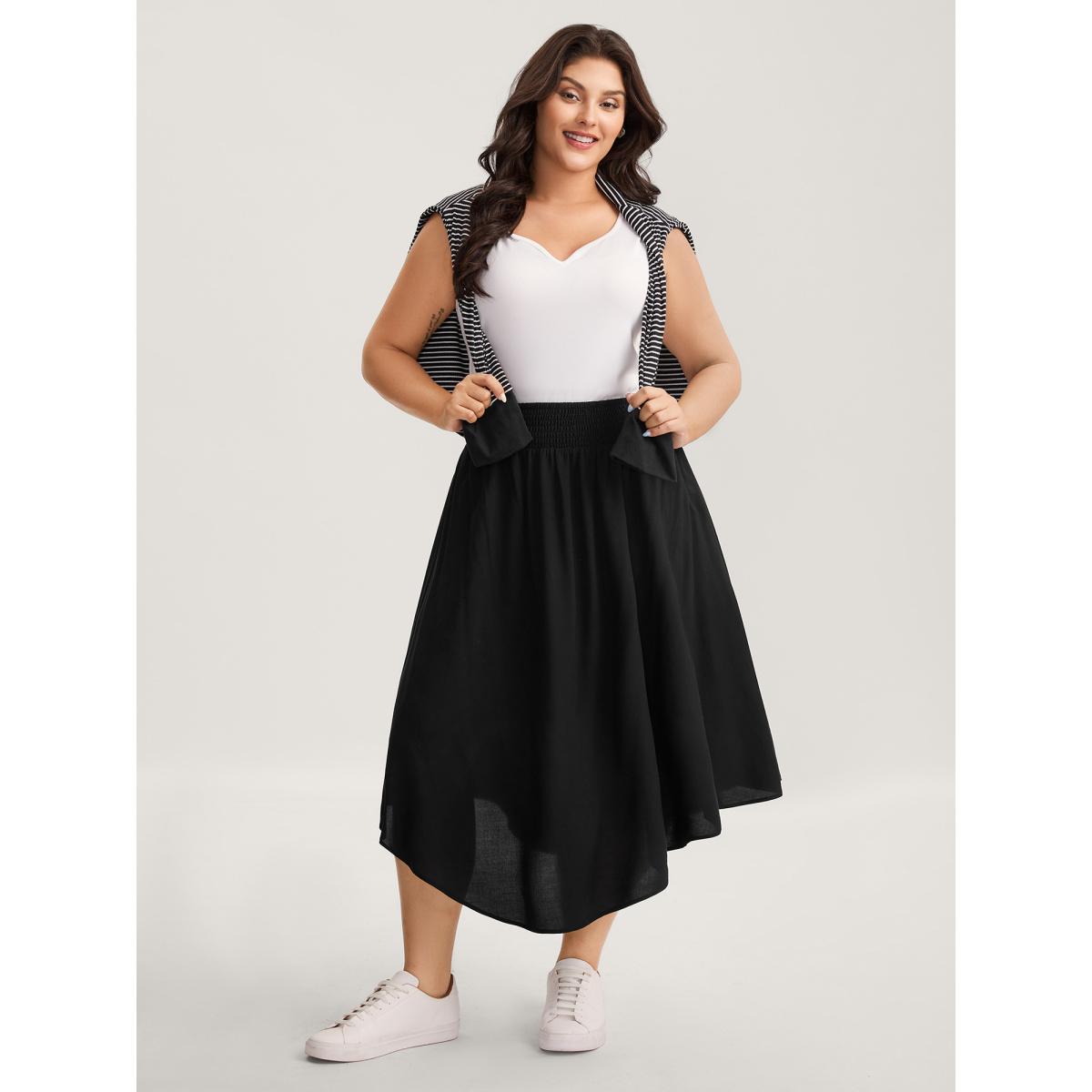Plus Size Wide Shirred Waist Flared Maxi Skirt Women Black Casual Shirred No stretch Side seam pocket Everyday-Casual Skirts BloomChic 18-20/2X Product Image